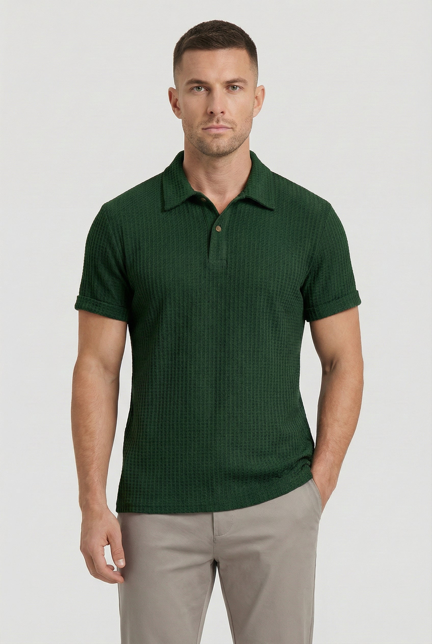 Polo Hombre Tejido Tipo Gofre Transpirable Cuello Vuelto Ajuste Relajado 4