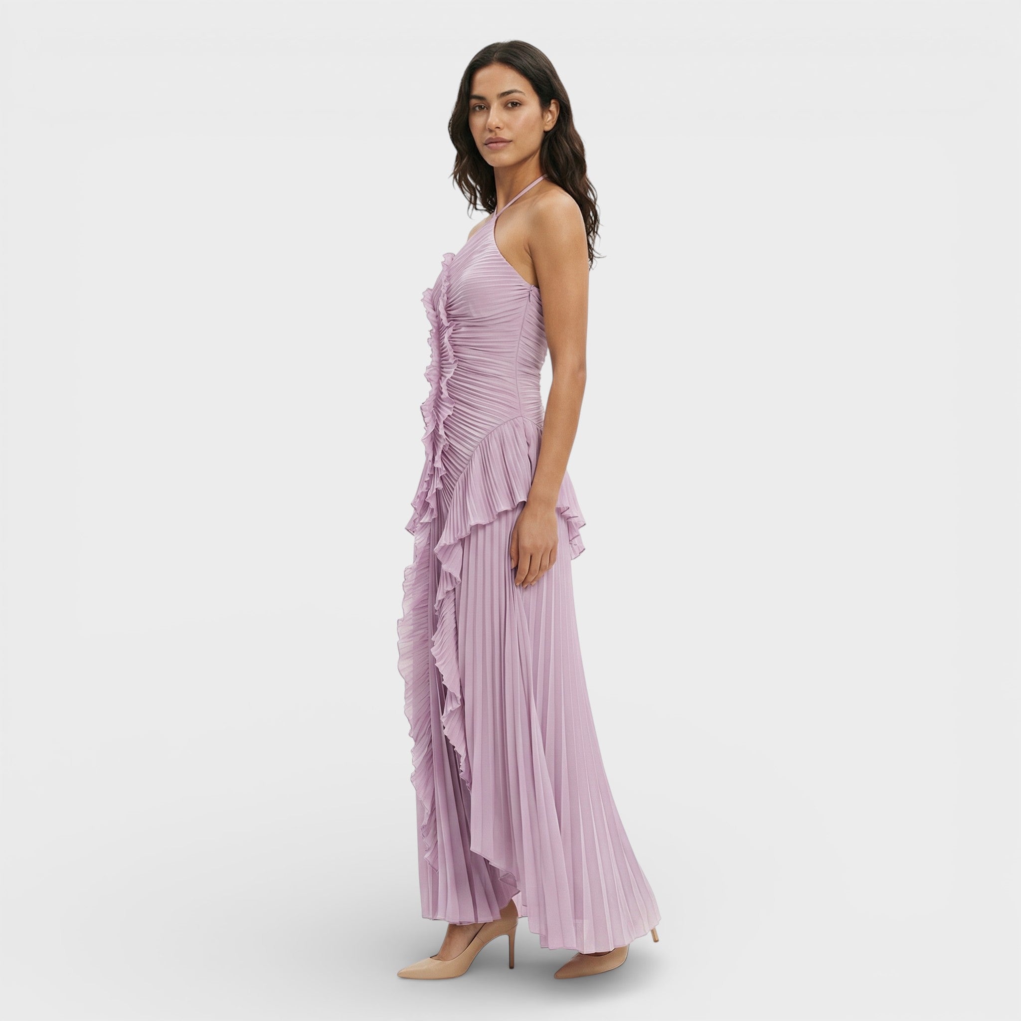 Vestido De Mujer Largo Plisado Fluido Con Cuello Halter Para Eventos Nocturnos 0