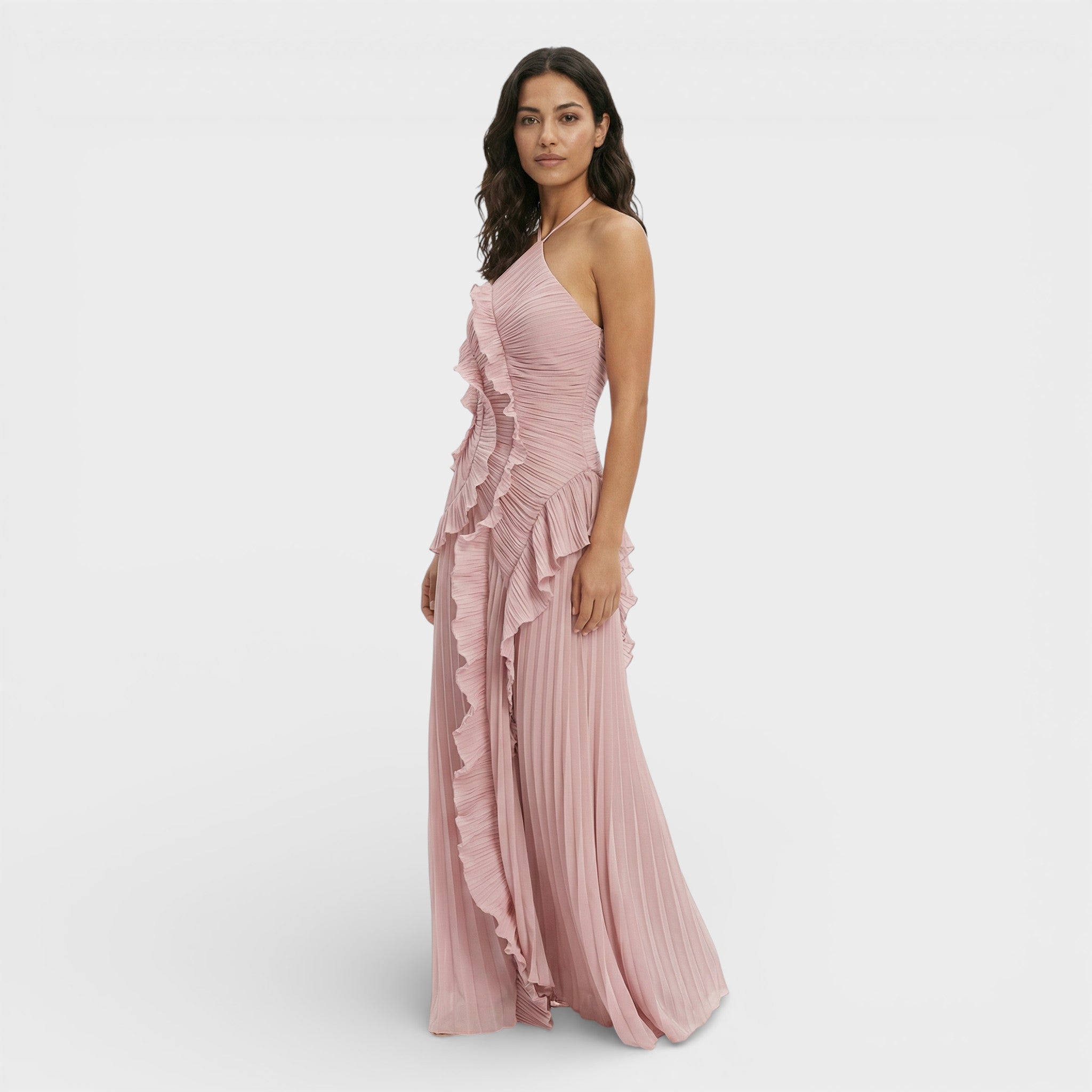 Vestido De Mujer Largo Plisado Fluido Con Cuello Halter Para Eventos Nocturnos 4