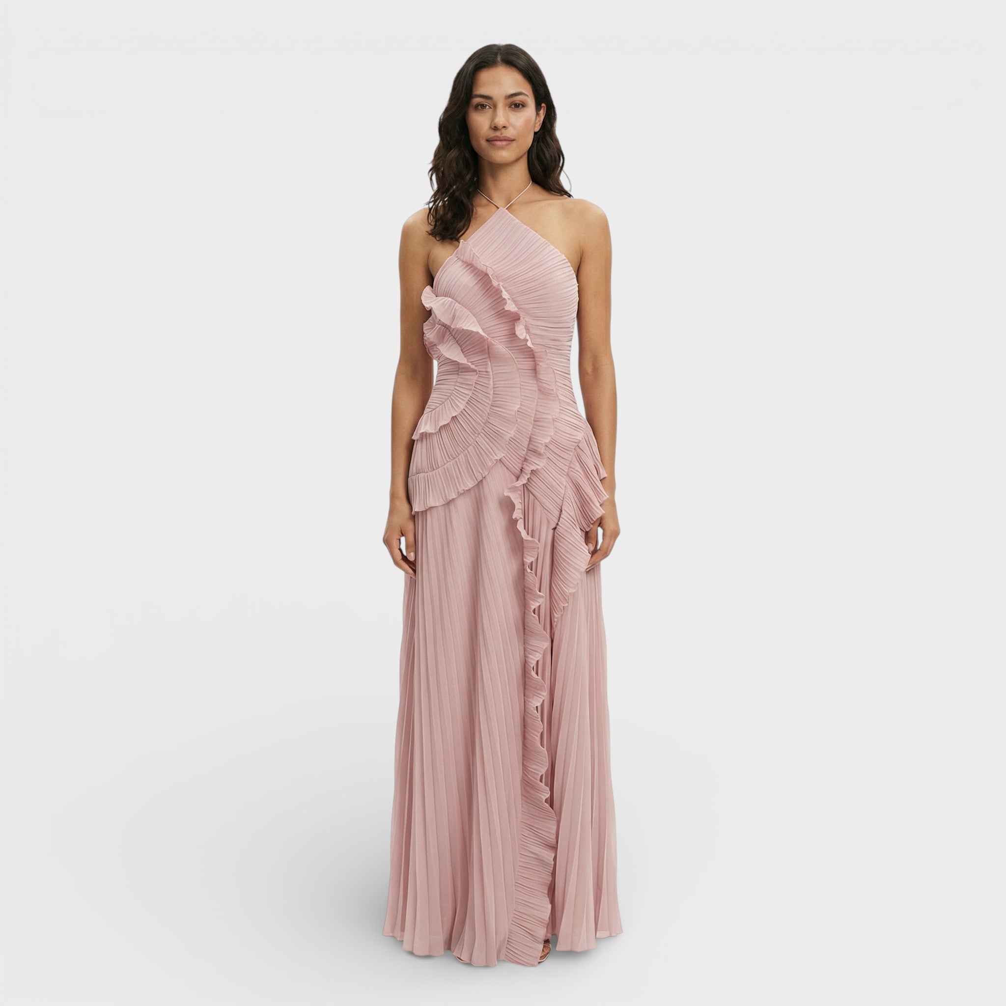 Vestido De Mujer Largo Plisado Fluido Con Cuello Halter Para Eventos Nocturnos 5