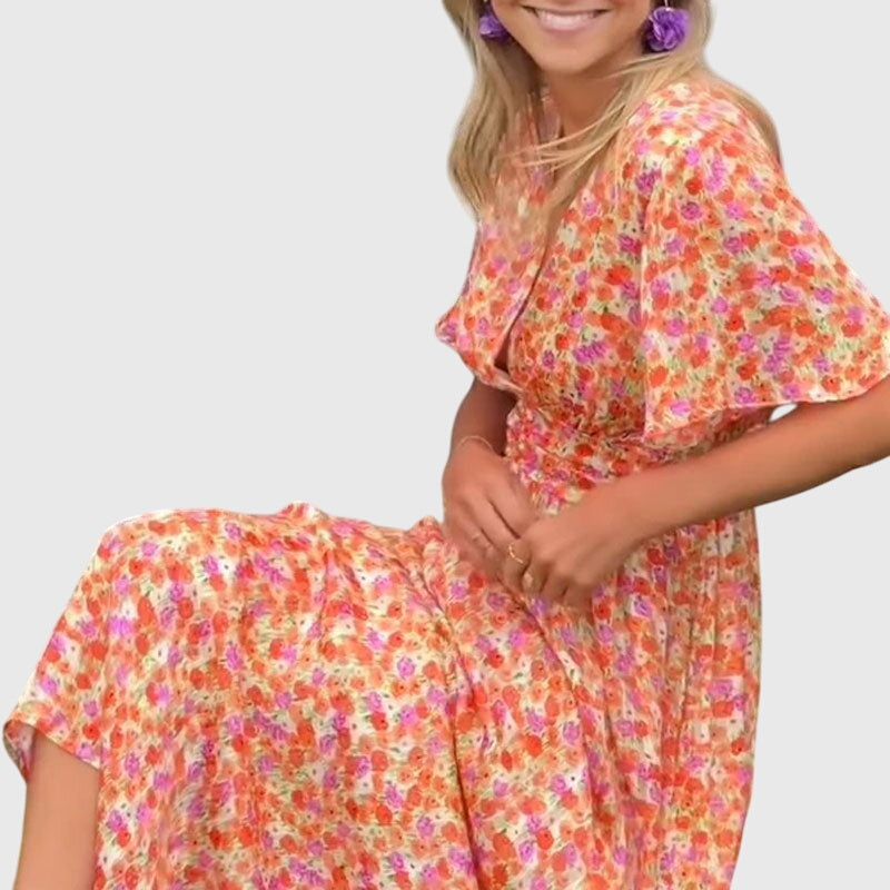 Vestido De Mujer Ligero Floral Escote En V Casual Elegante Para Verano 4