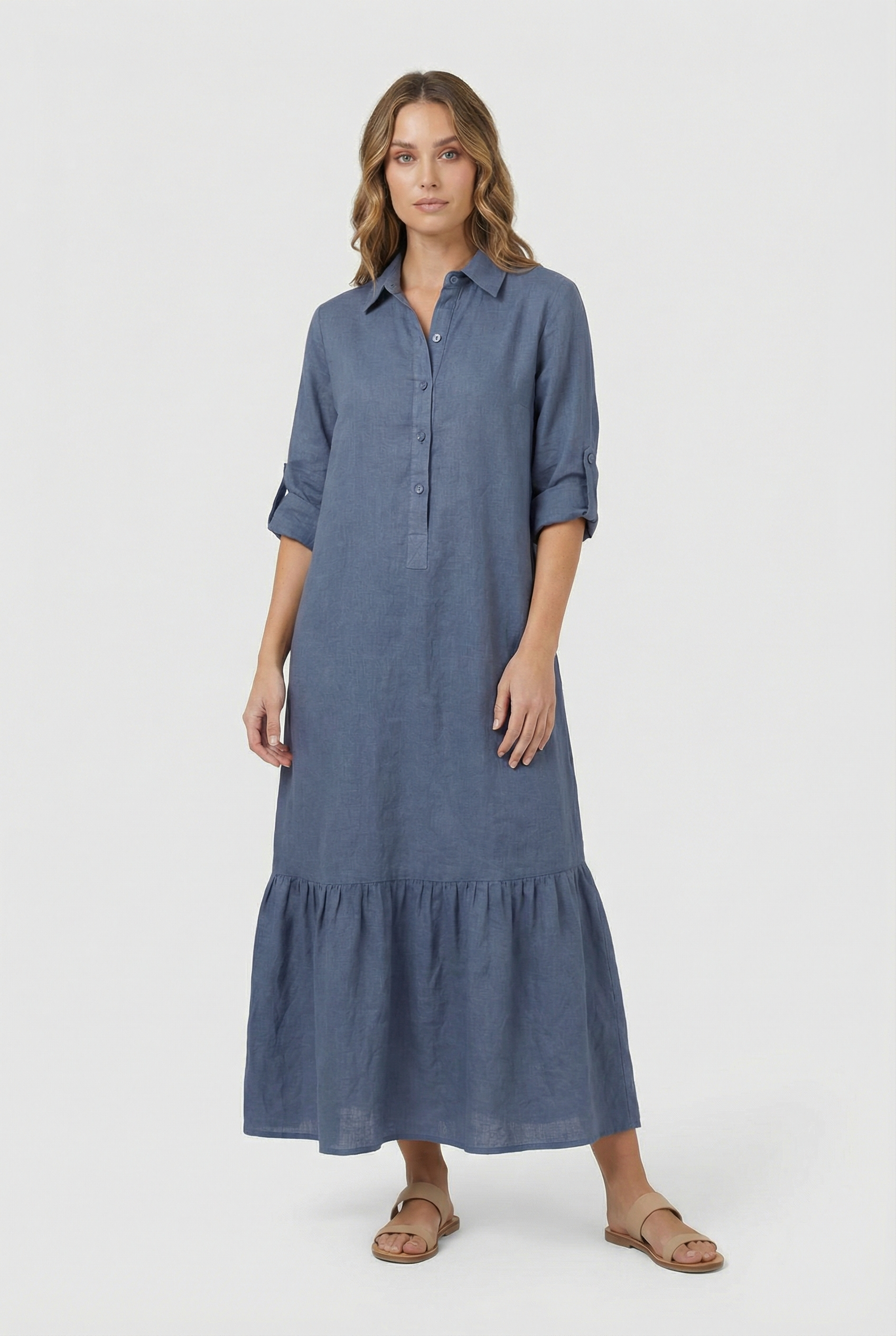 Vestido Largo Mujer Algodón Elegante Con Mangas Largas Y Diseño Clásico 0