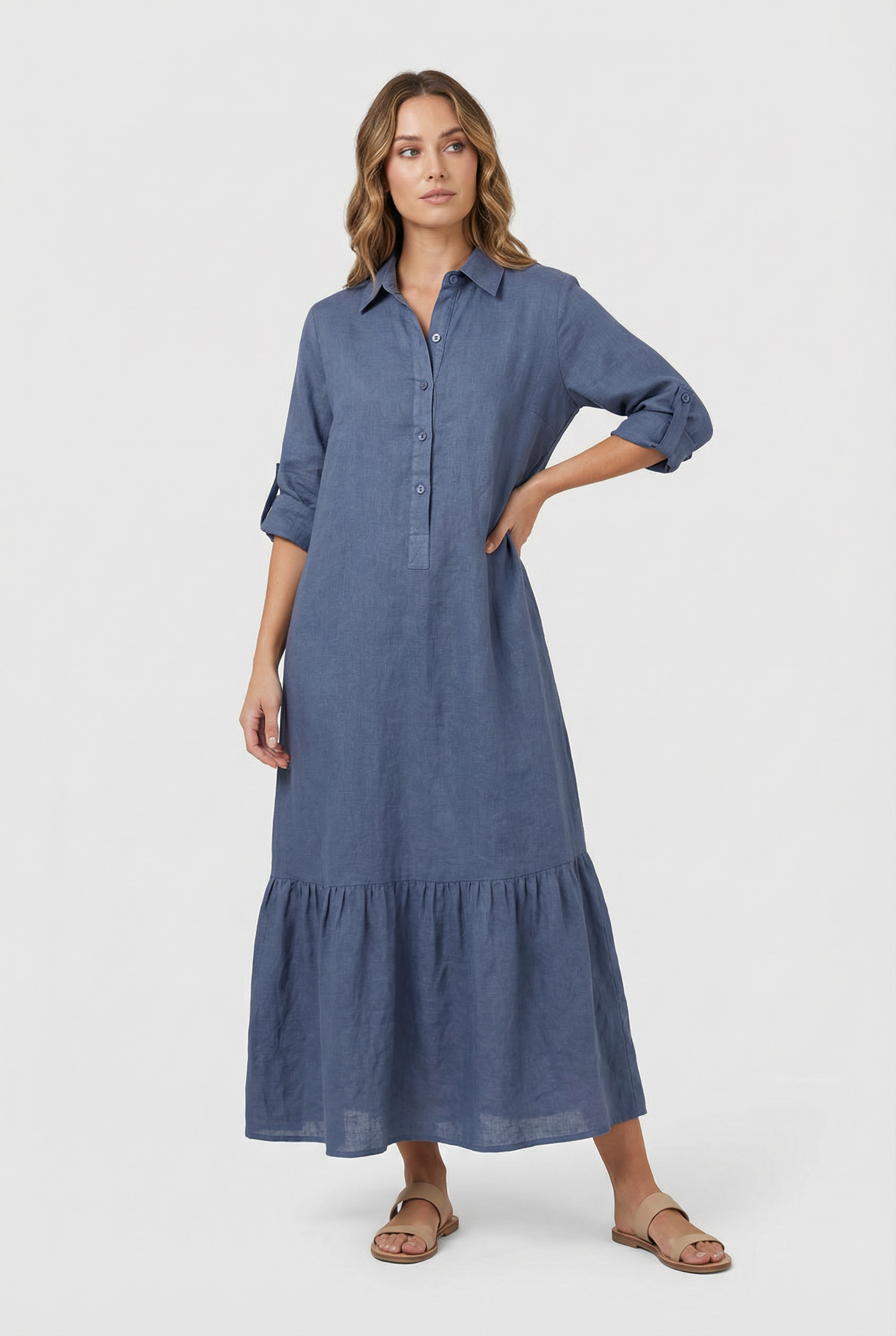 Vestido Largo Mujer Algodón Elegante Con Mangas Largas Y Diseño Clásico 1