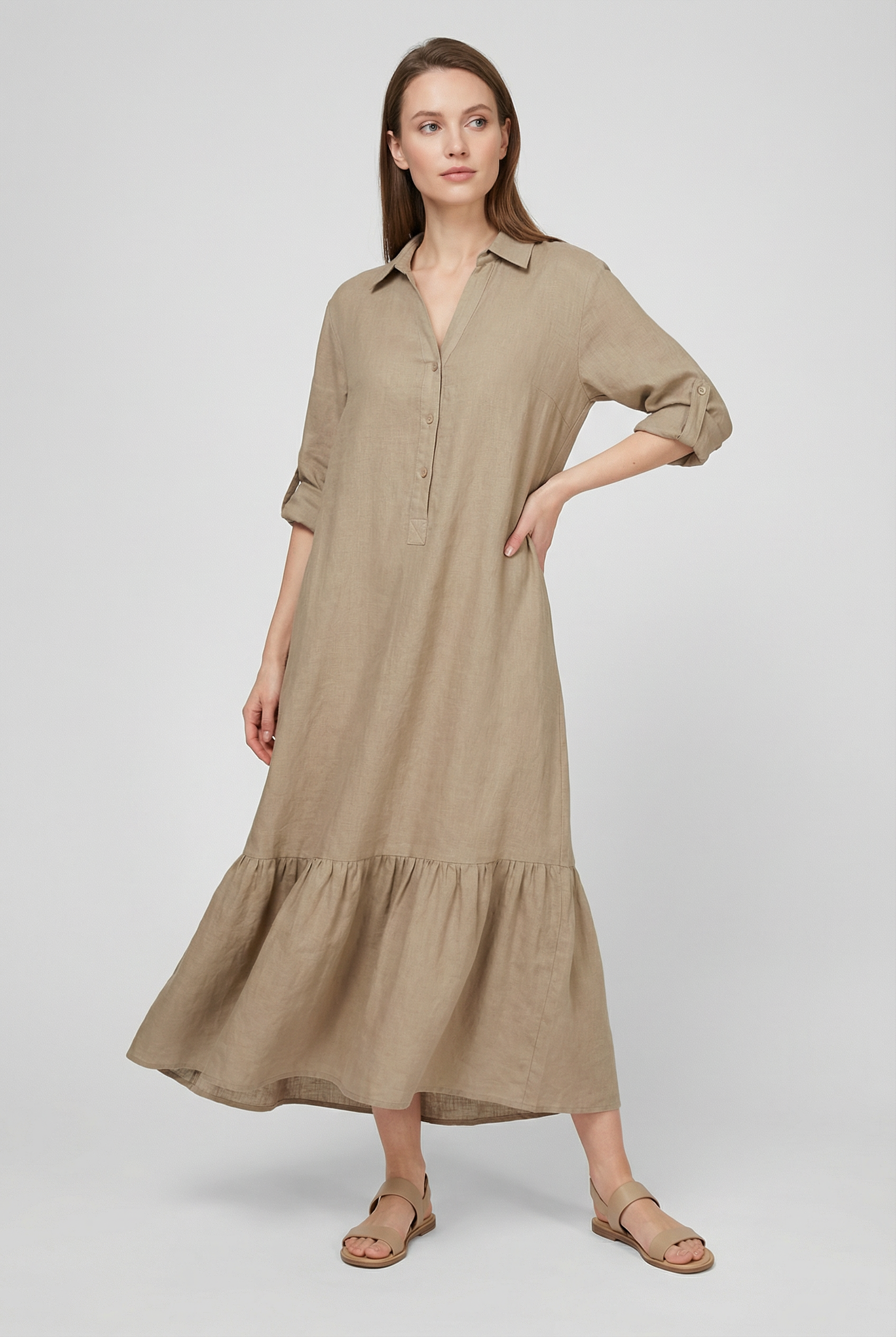 Vestido Largo Mujer Algodón Elegante Con Mangas Largas Y Diseño Clásico 5