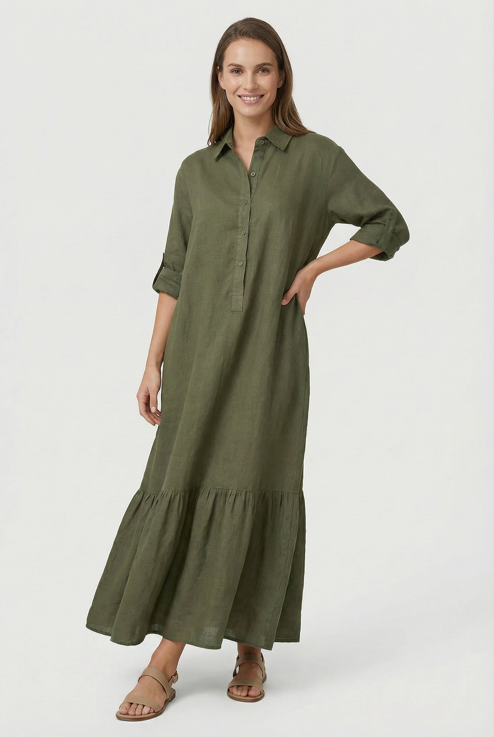 Vestido Largo Mujer Algodón Elegante Con Mangas Largas Y Diseño Clásico 6