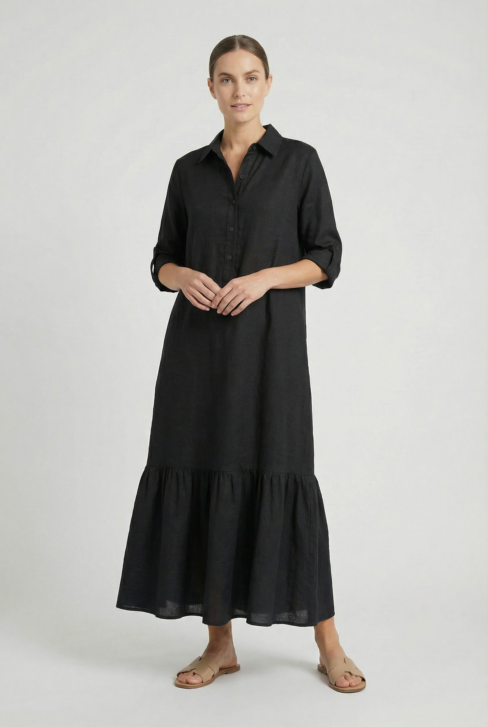 Vestido Largo Mujer Algodón Elegante Con Mangas Largas Y Diseño Clásico 9