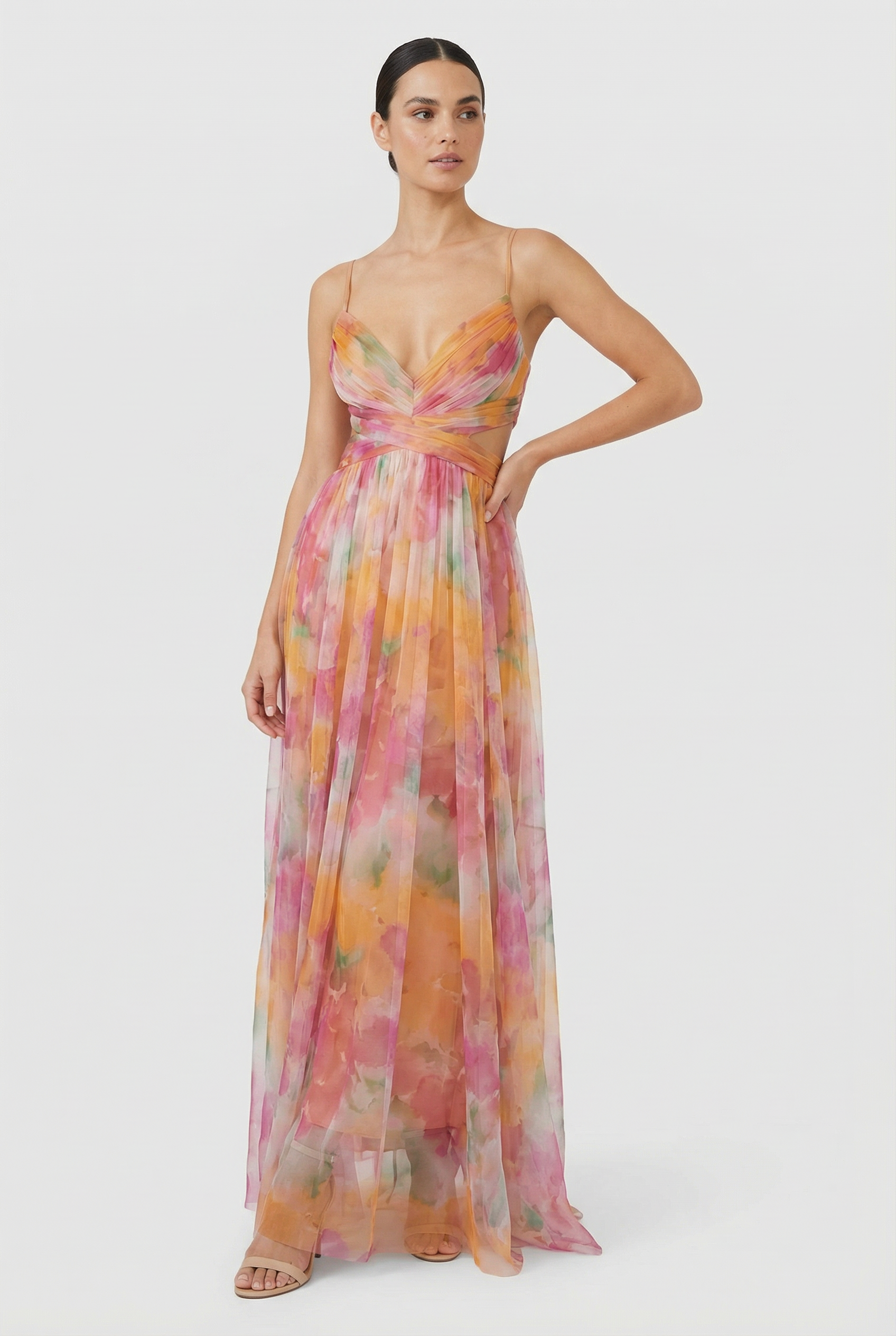 Vestido Largo Mujer Gasa Floral Elegante Con Ajuste Personalizable Para Fiesta 0