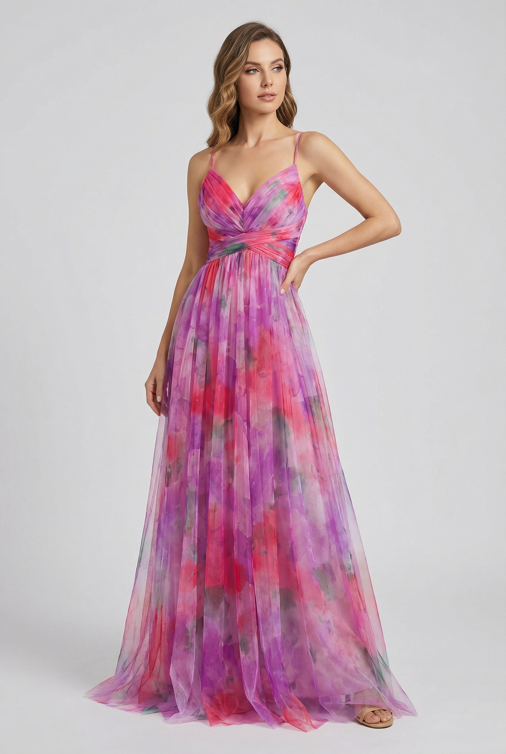 Vestido Largo Mujer Gasa Floral Elegante Con Ajuste Personalizable Para Fiesta 7