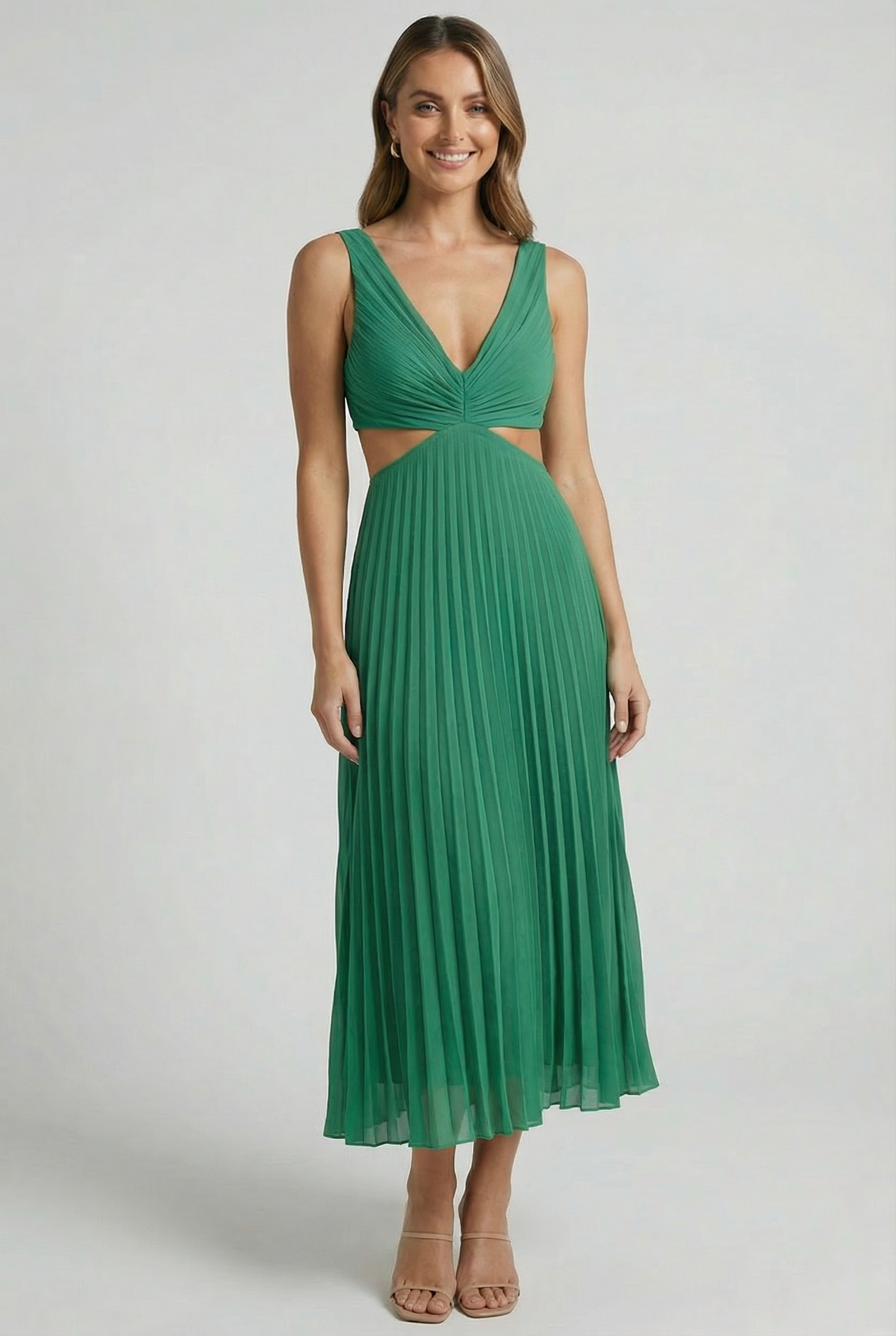 Vestido Largo Mujer Poliéster Escote en V Plisado Elegante 3