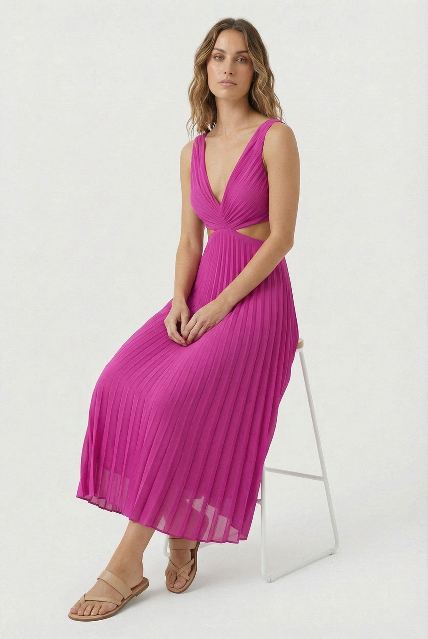 Vestido Largo Mujer Poliéster Escote en V Plisado Elegante 5