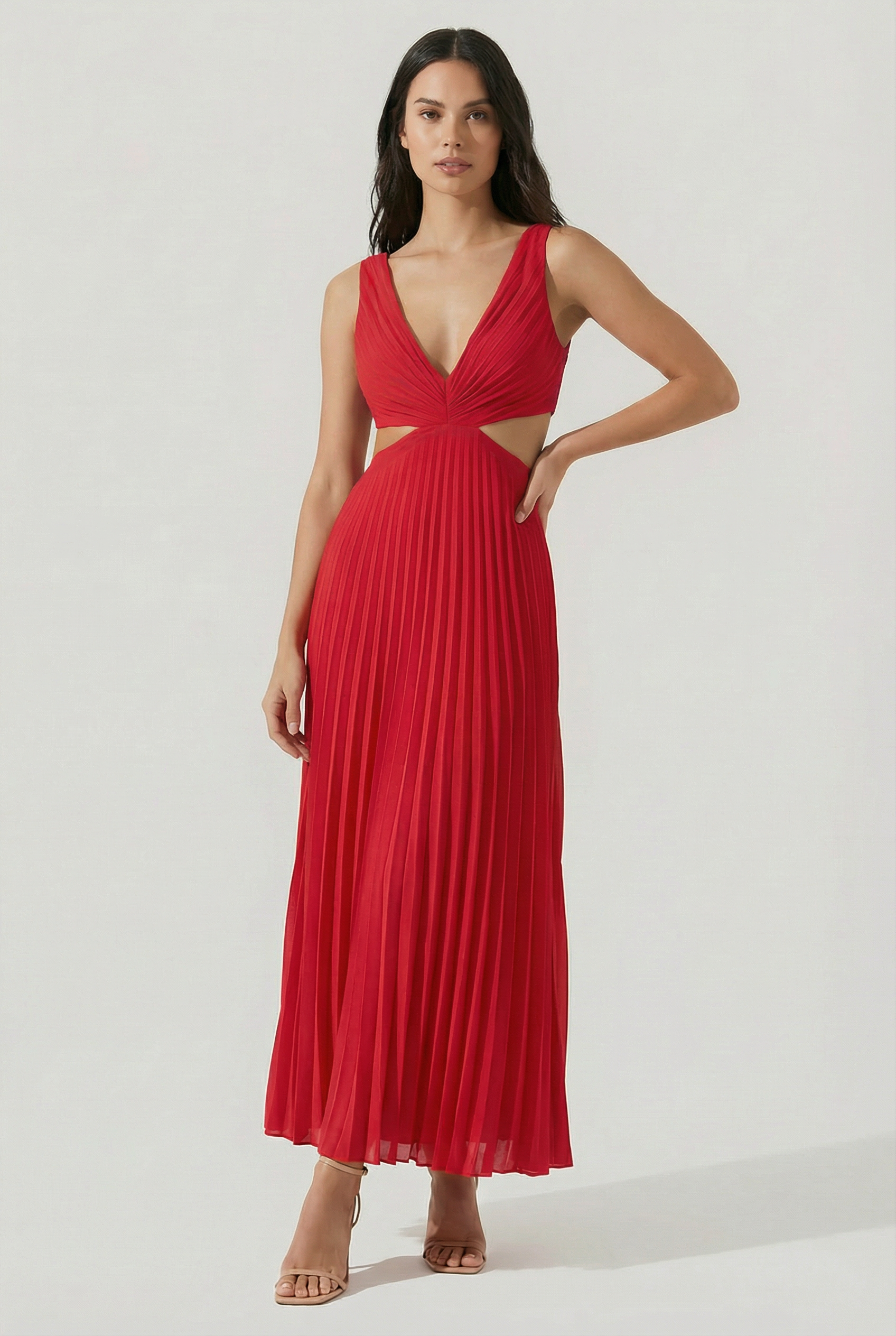 Vestido Largo Mujer Poliéster Escote en V Plisado Elegante 9