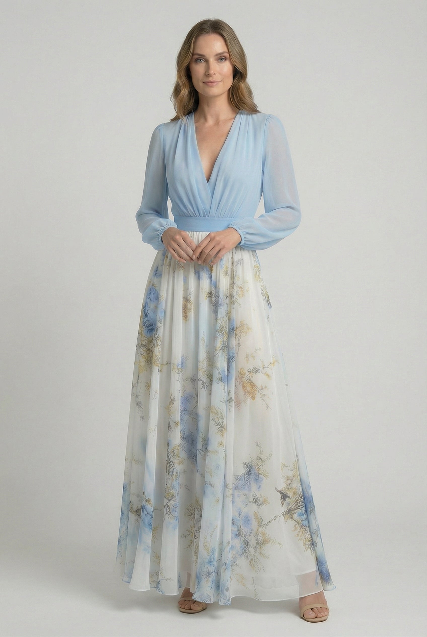 Vestido Largo Mujer Poliéster Floral Escote en V Profundo Elegante 0