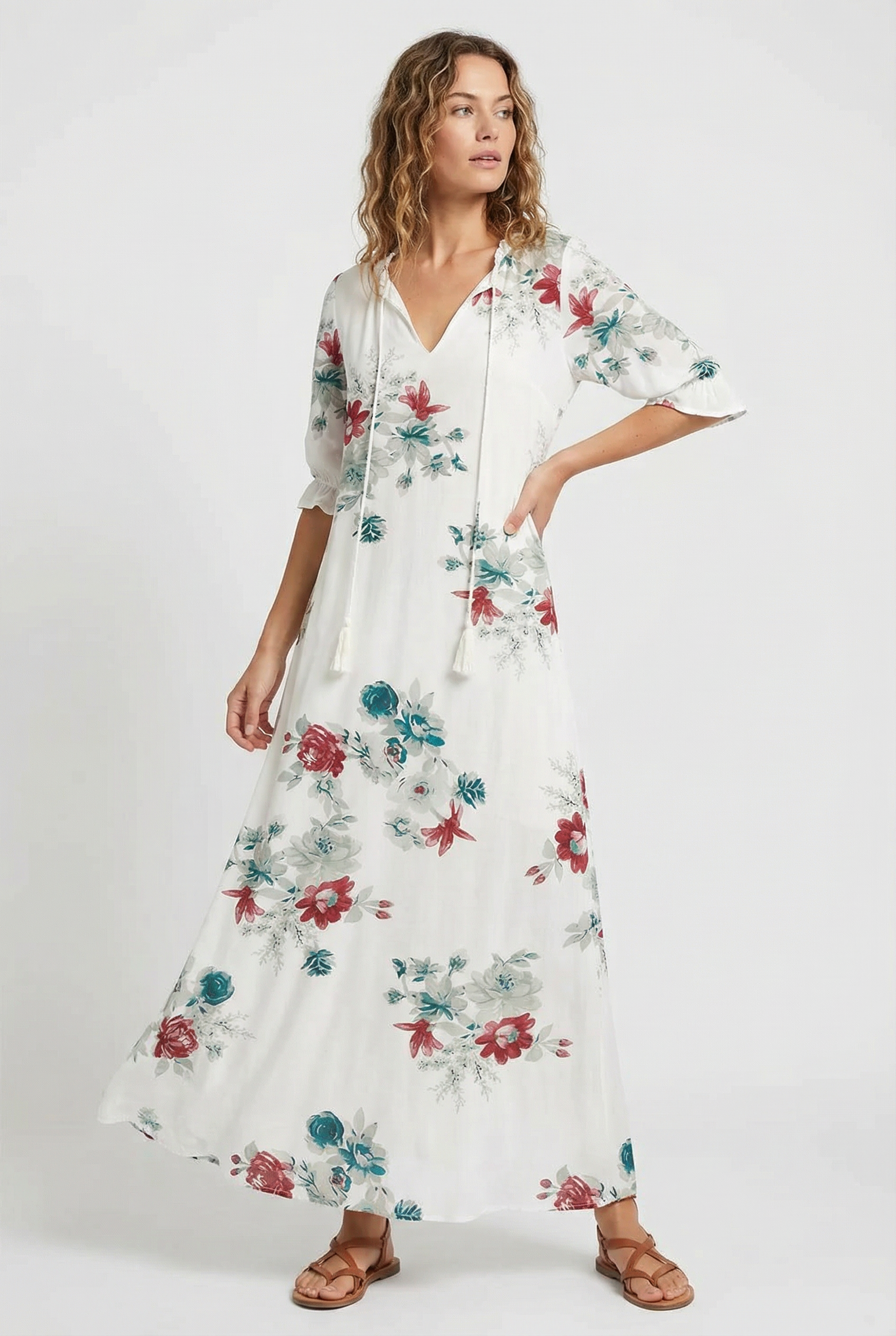Vestido Largo Mujer Poliéster Floral Escote en V para Verano 0
