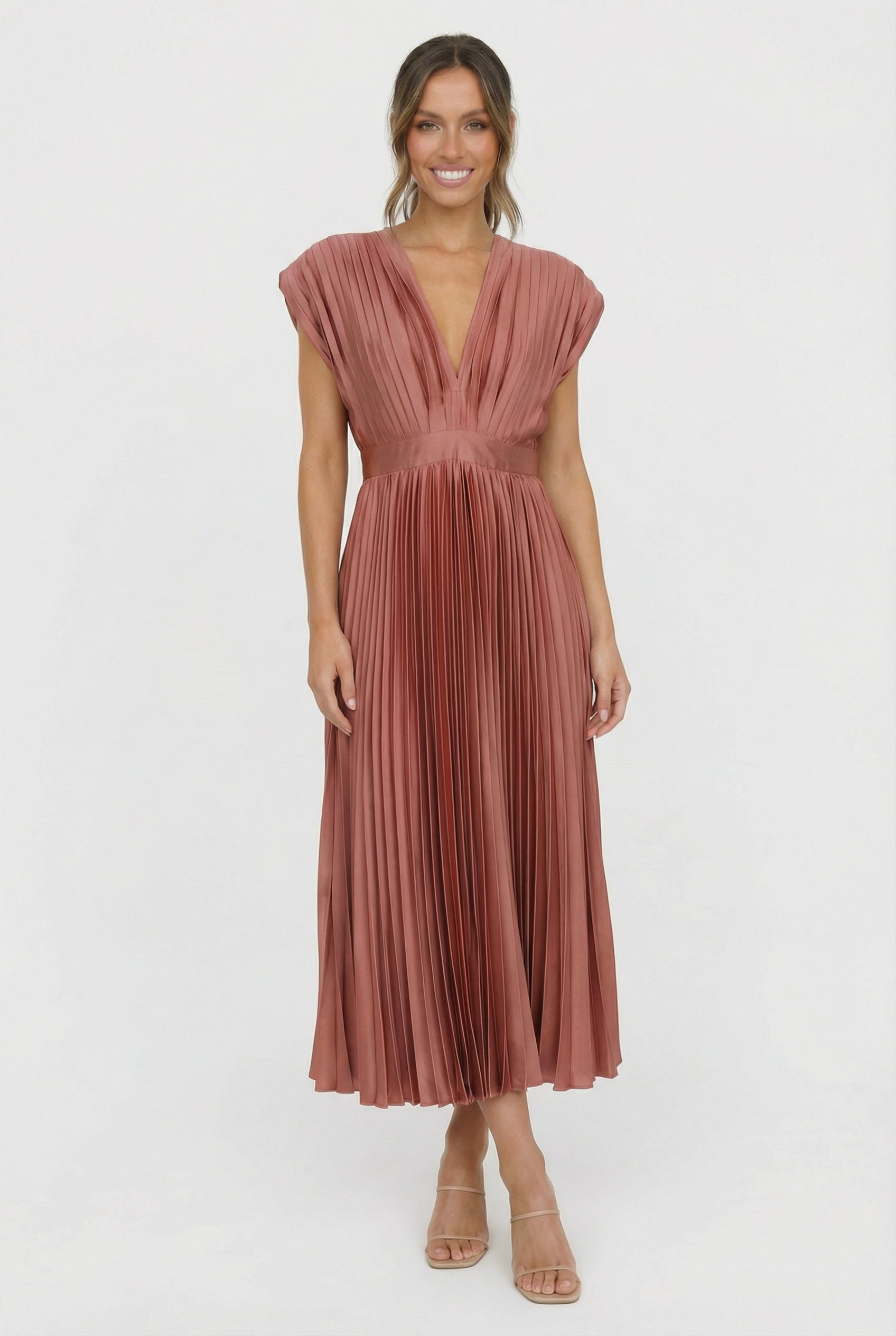 Vestido Largo Mujer Poliéster Plisado Cuello en V Elegante para Fiesta 0