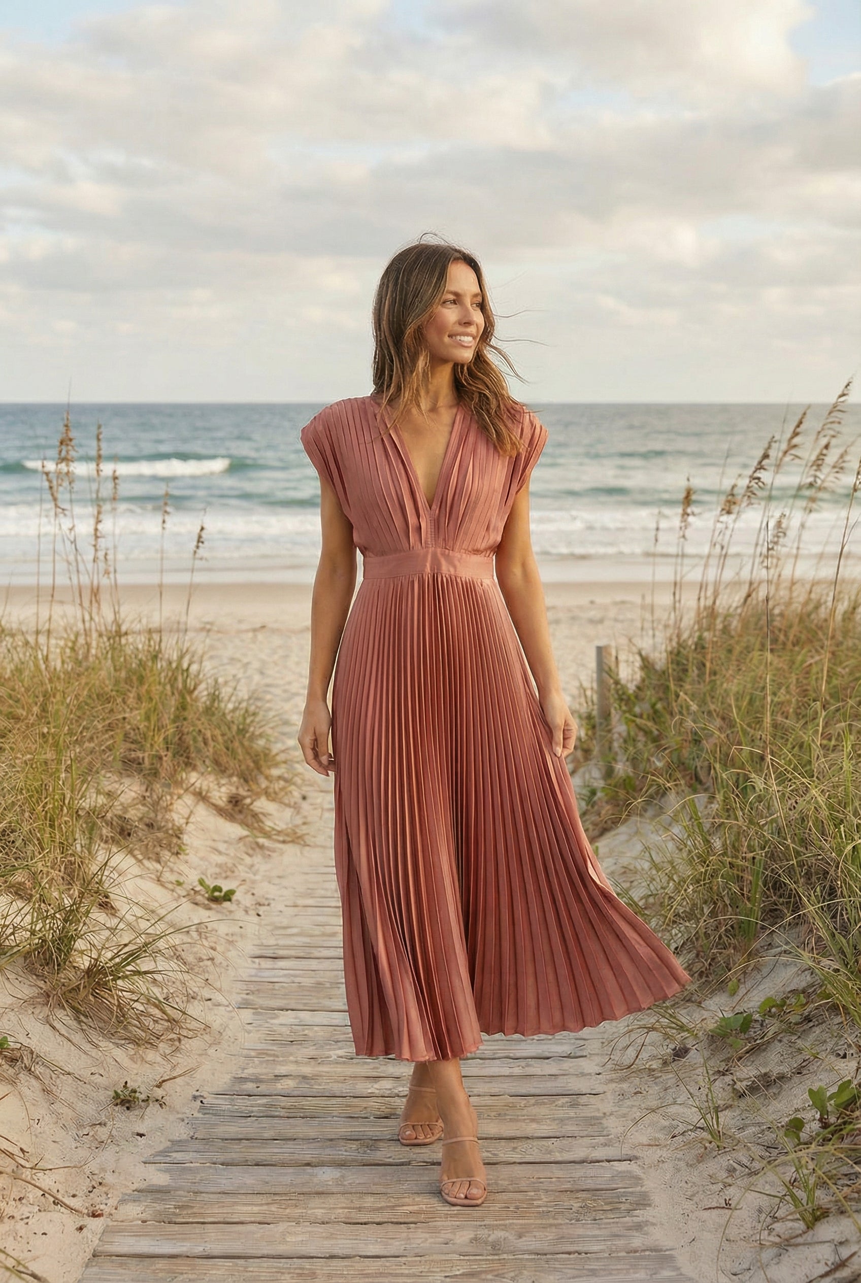 Vestido Largo Mujer Poliéster Plisado Cuello en V Elegante para Fiesta 3