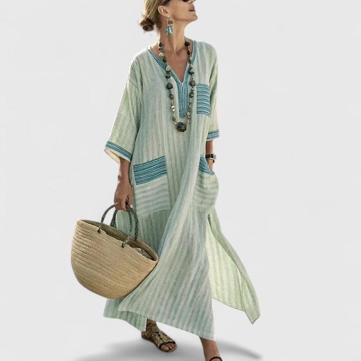 Vestido Largo Mujer Tejido Ligero Escote en V Casual con Bolsillos 0