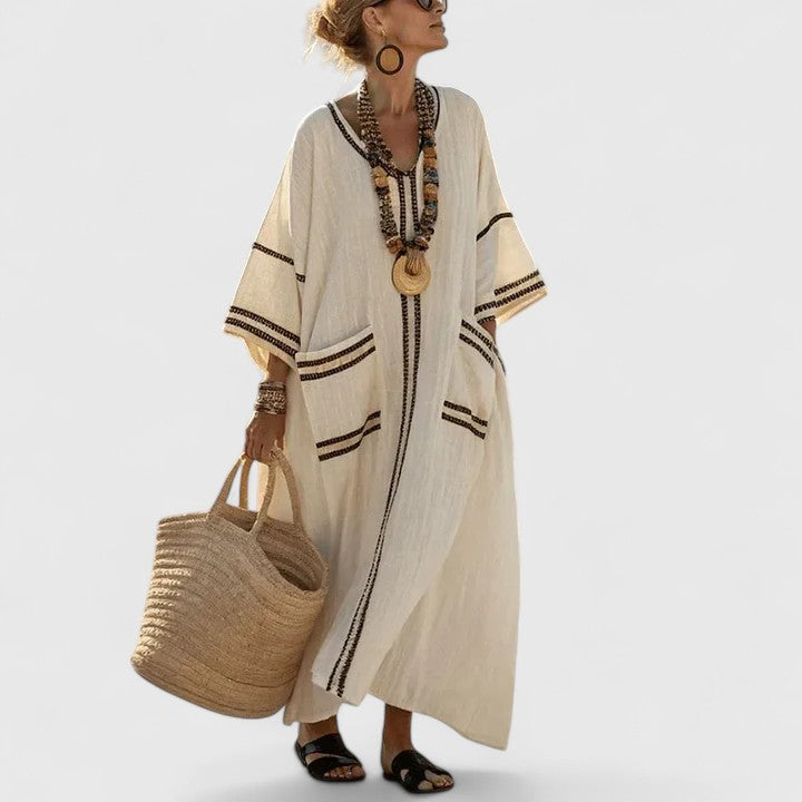 Vestido Largo Mujer Tejido Ligero Escote en V Casual con Bolsillos 1