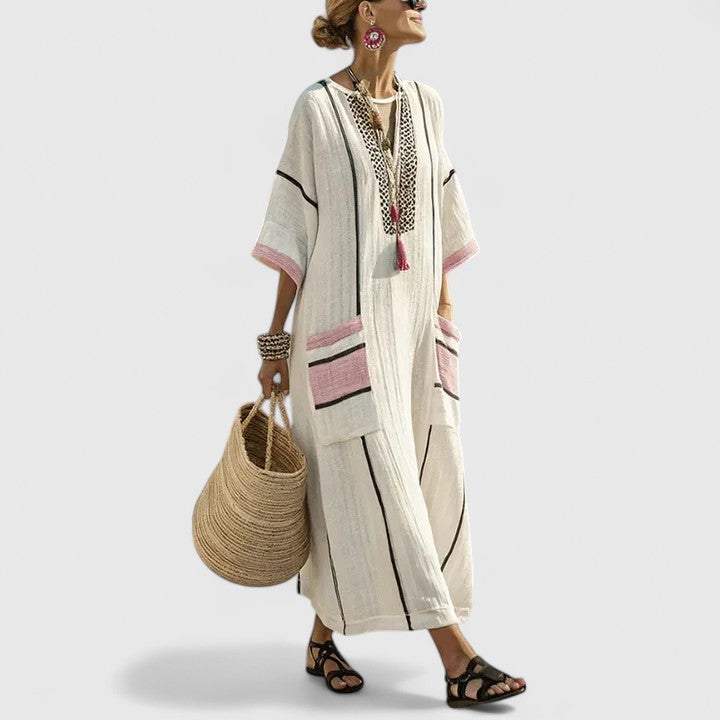 Vestido Largo Mujer Tejido Ligero Escote en V Casual con Bolsillos 3