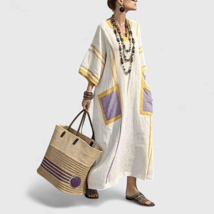 Vestido Largo Mujer Tejido Ligero Escote en V Casual con Bolsillos 4