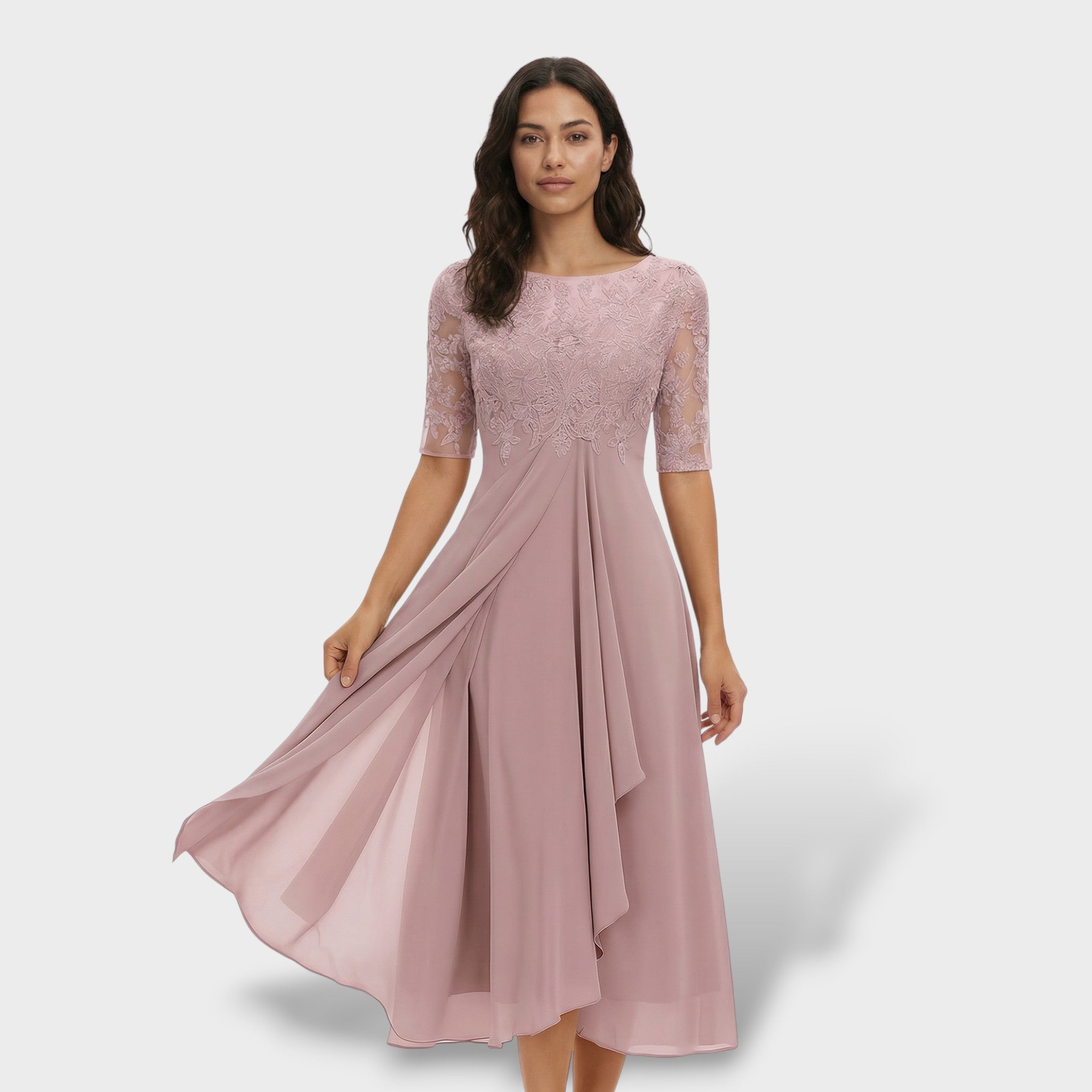 Vestido Midi Mujer Encaje Gasa Elegante Con Silueta A Ideal Para Fiestas 0