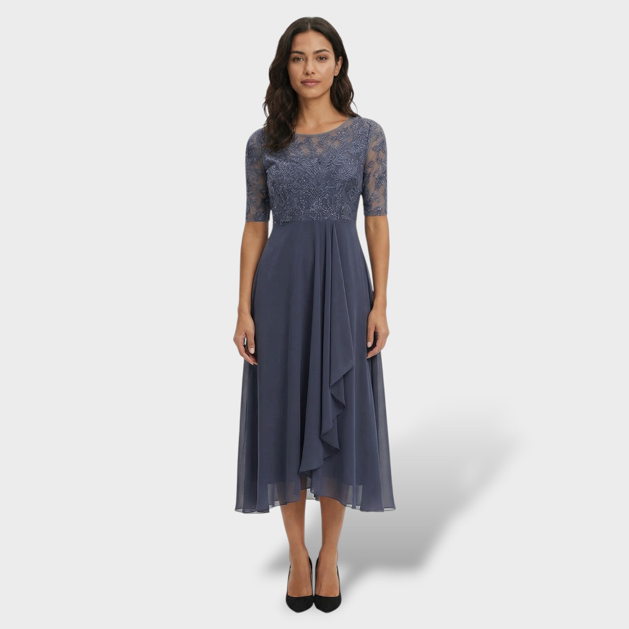 Vestido Midi Mujer Encaje Gasa Elegante Con Silueta A Ideal Para Fiestas 5
