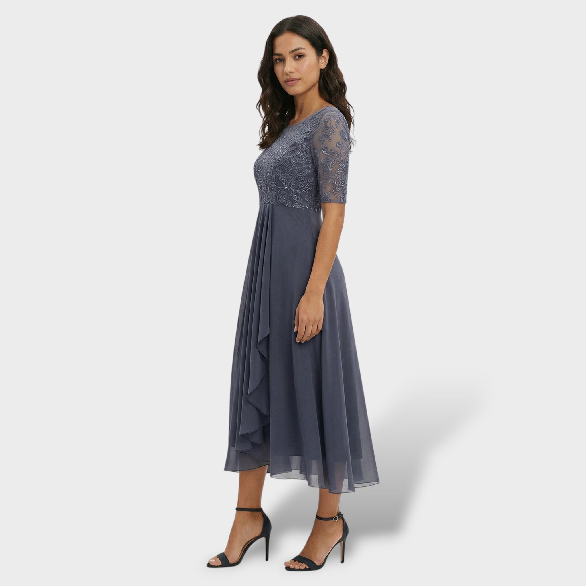 Vestido Midi Mujer Encaje Gasa Elegante Con Silueta A Ideal Para Fiestas 6