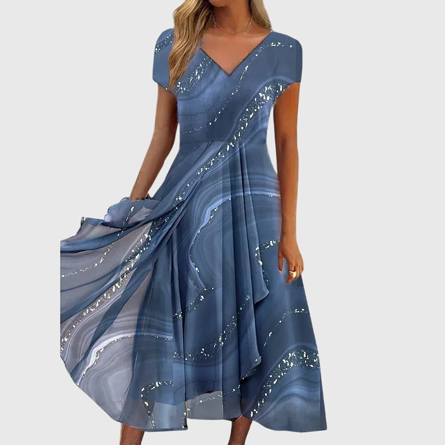Vestido Midi Mujer Poliéster Fluido con Escote en V y Estampado de Remolinos 0