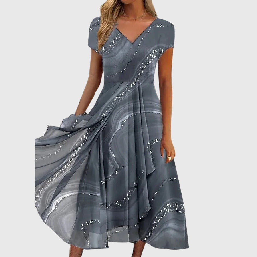 Vestido Midi Mujer Poliéster Fluido con Escote en V y Estampado de Remolinos 1