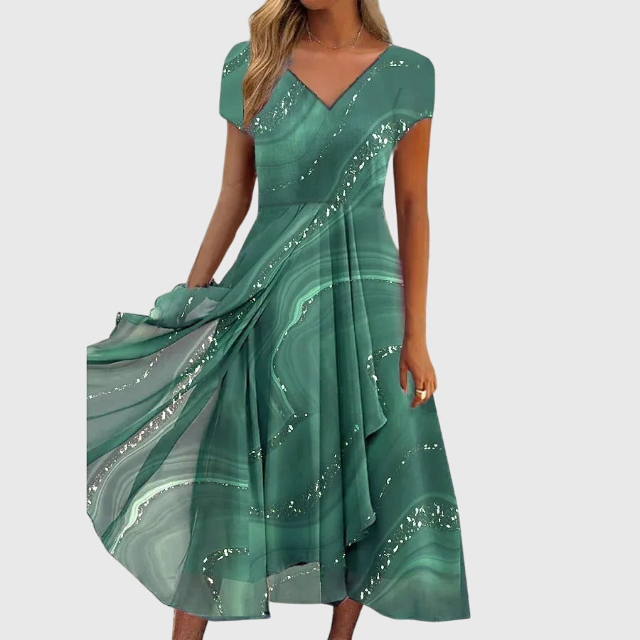 Vestido Midi Mujer Poliéster Fluido con Escote en V y Estampado de Remolinos 2