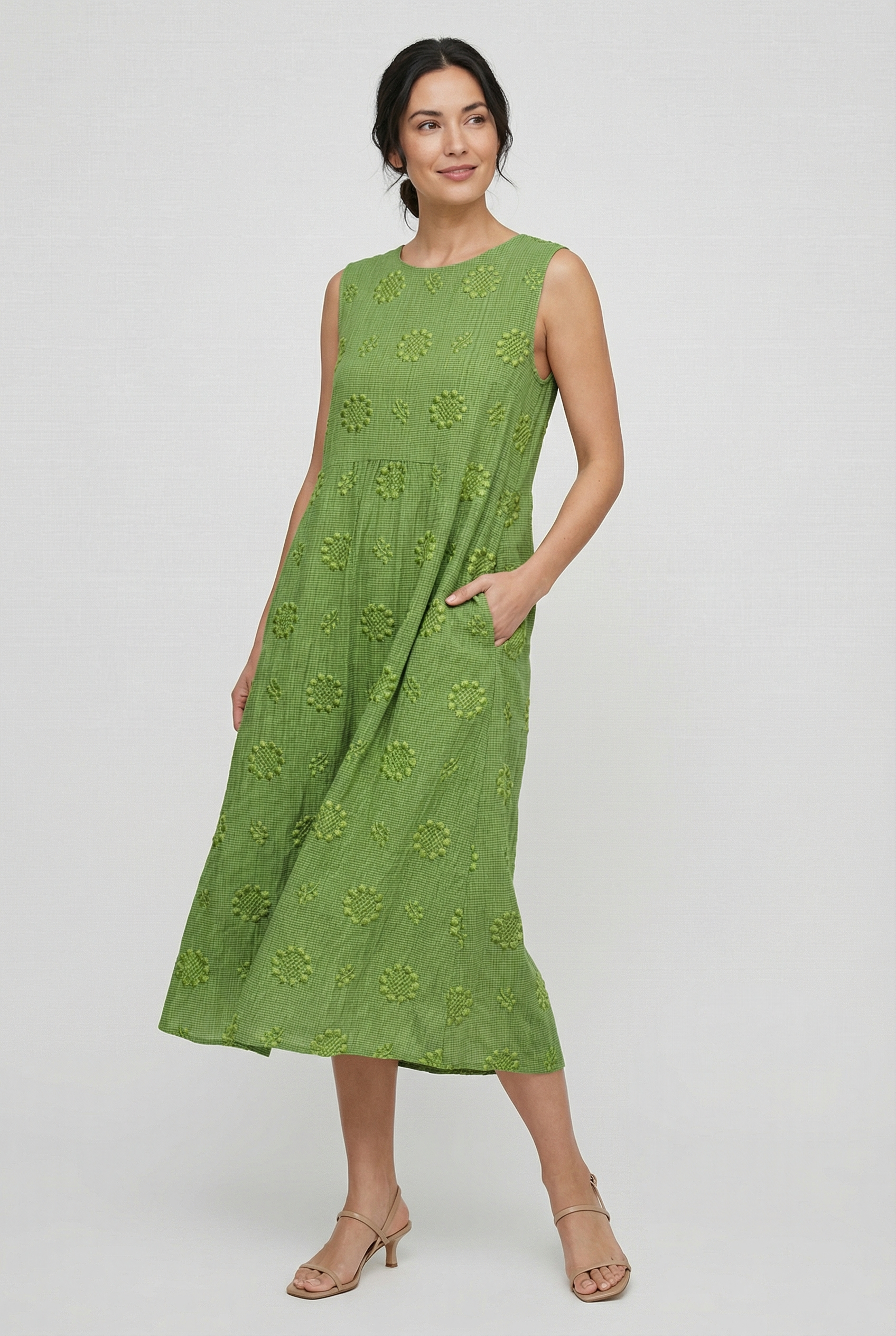 Vestido Midi Mujer Poliéster Sin Mangas Estampado Circular Con Bolsillos Laterales 1