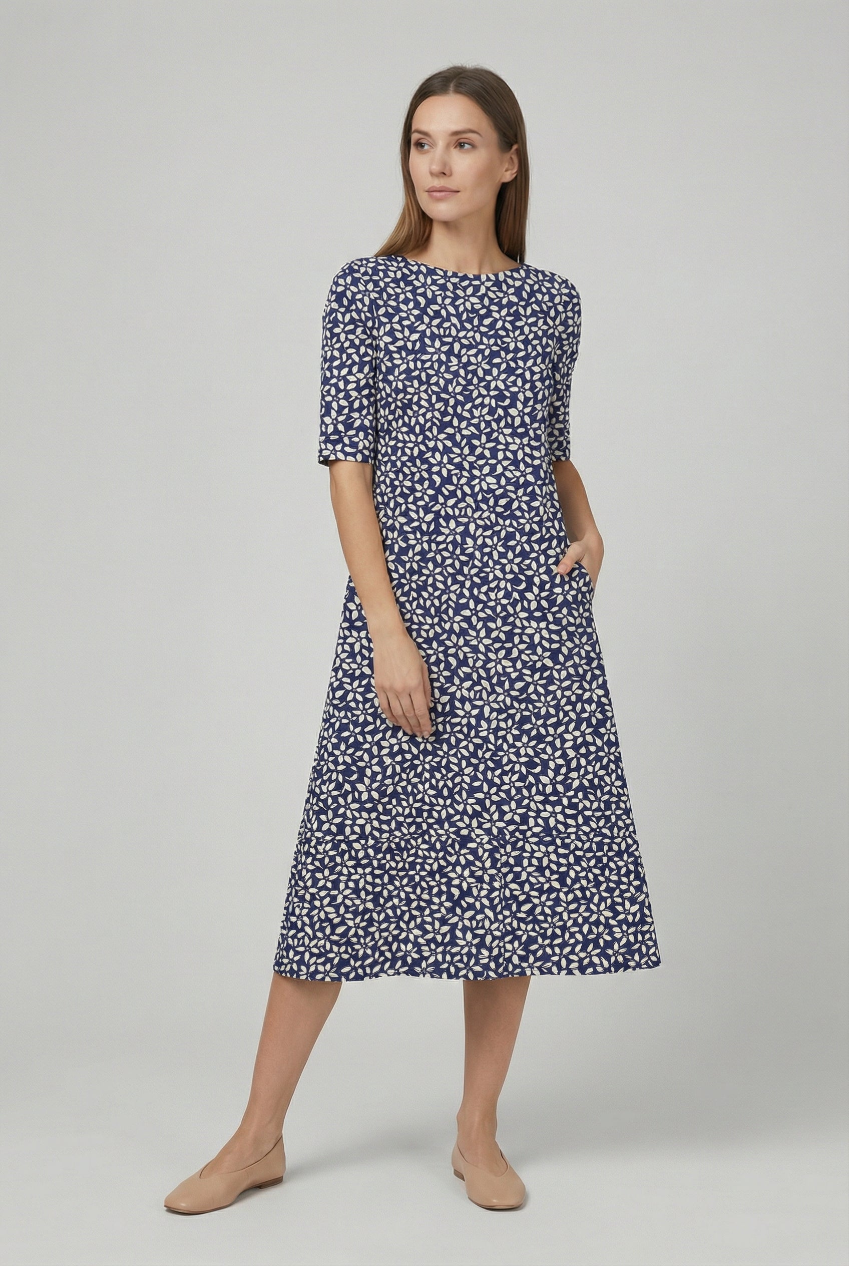 Vestido Midi Mujer Tejido Floral Corte A con Bolsillos para Primavera y Verano 6