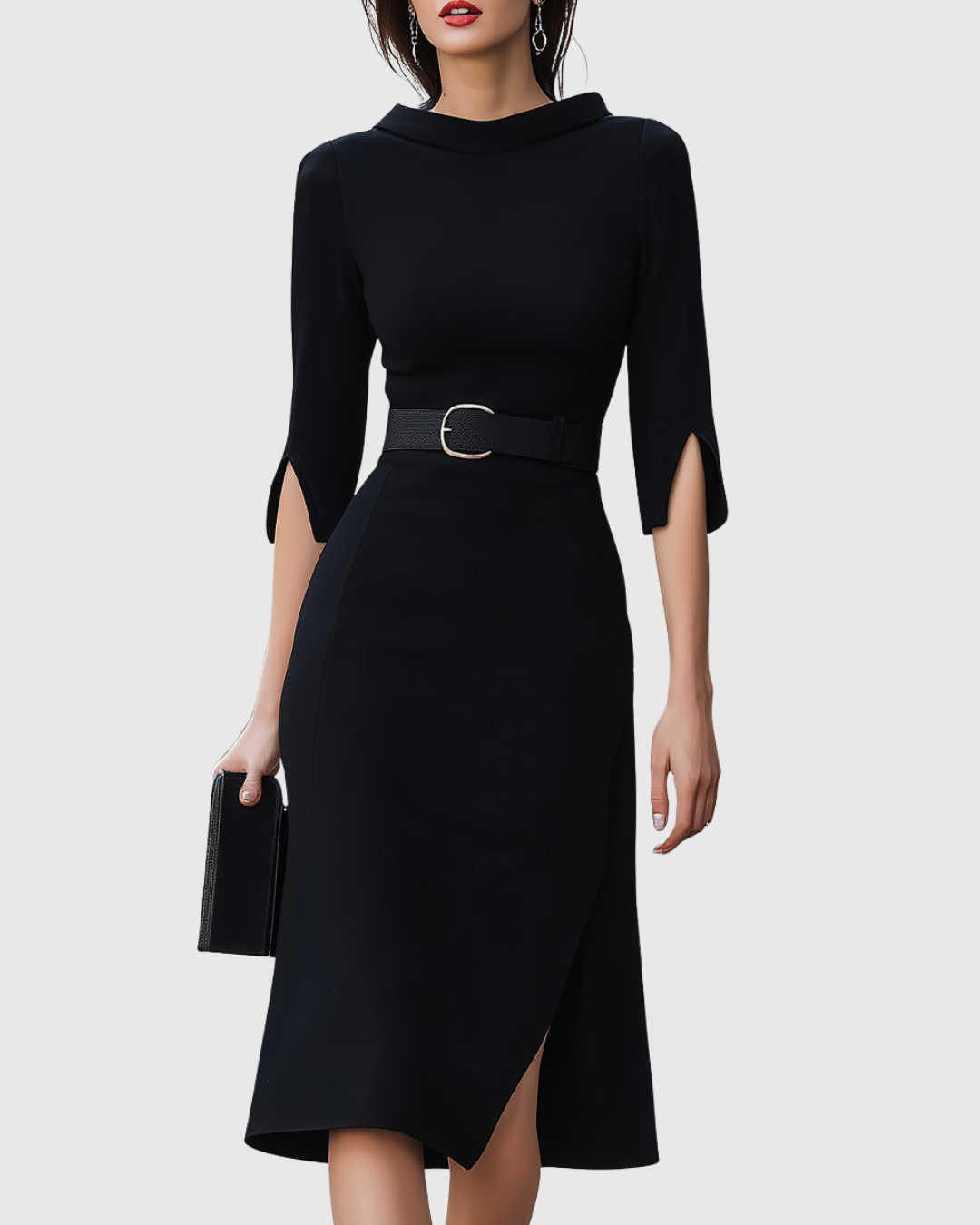 Vestido Midi Mujer Tejido Suave con Cinturón y Aberturas para Fiesta Elegante 0
