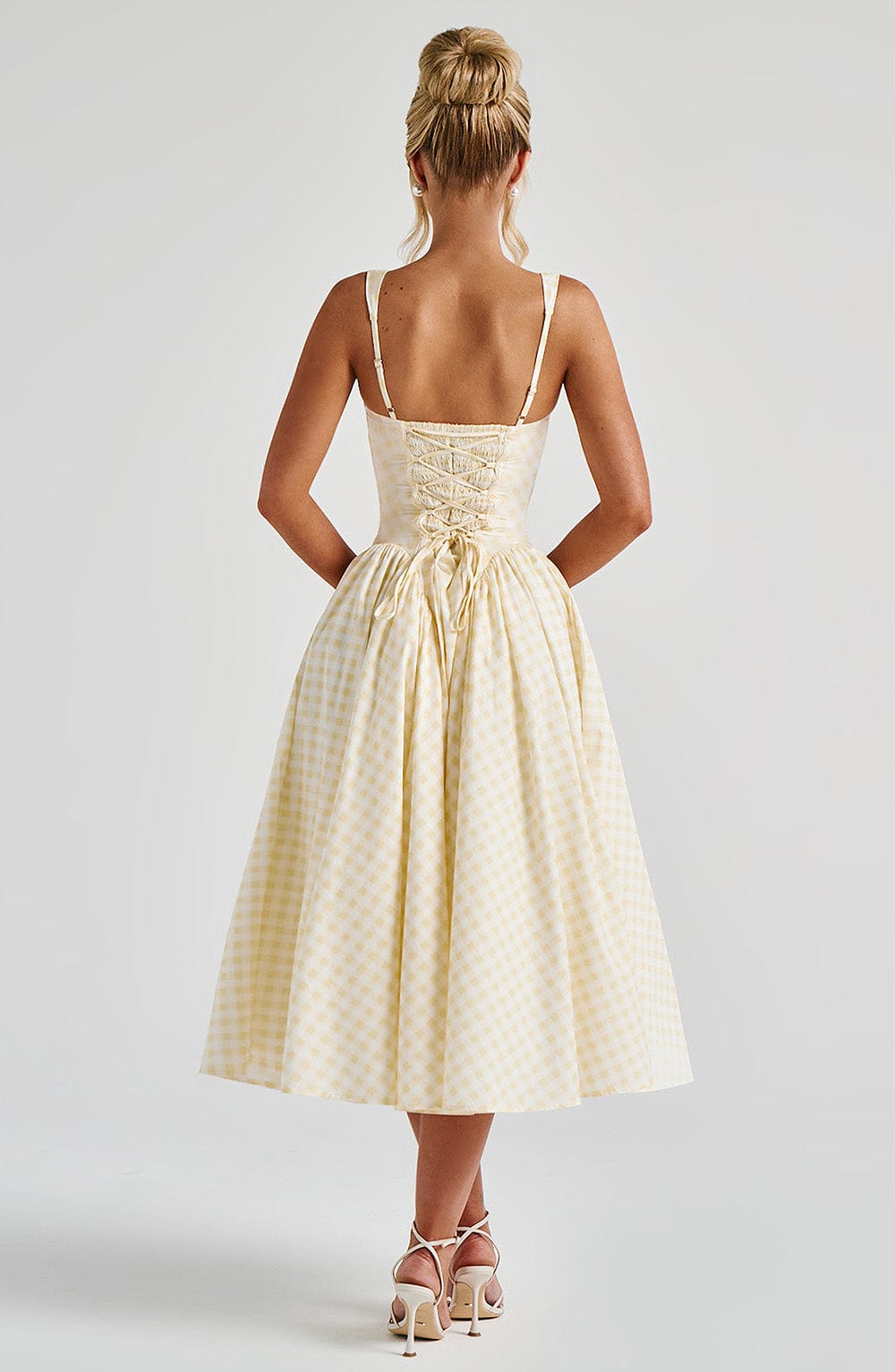 Vestido Midi Mujer Tela de Cuadros Vichy con Tirantes Ajustables y Falda Voluminosa 5