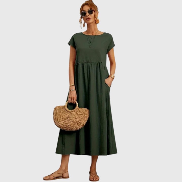 Vestido Midi Mujer Transpirable con Mangas Cortas y Bolsillos Laterales Elegantes 4