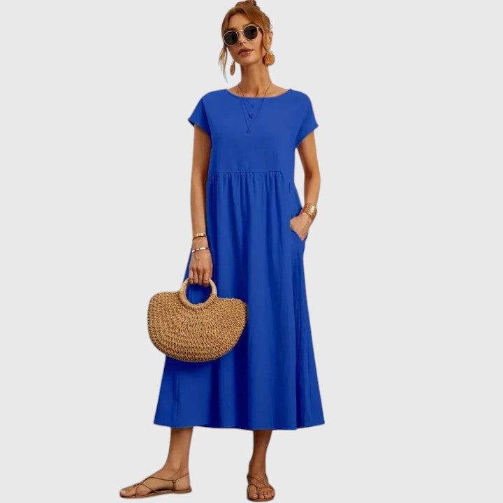 Vestido Midi Mujer Transpirable con Mangas Cortas y Bolsillos Laterales Elegantes 6