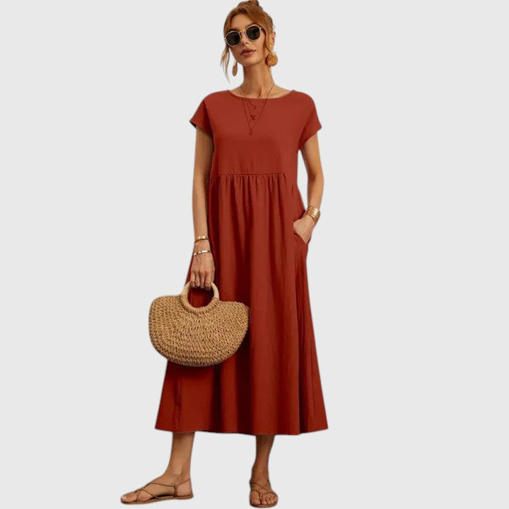 Vestido Midi Mujer Transpirable con Mangas Cortas y Bolsillos Laterales Elegantes 7