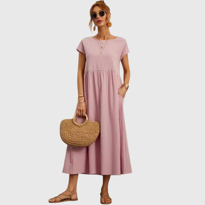 Vestido Midi Mujer Transpirable con Mangas Cortas y Bolsillos Laterales Elegantes 9