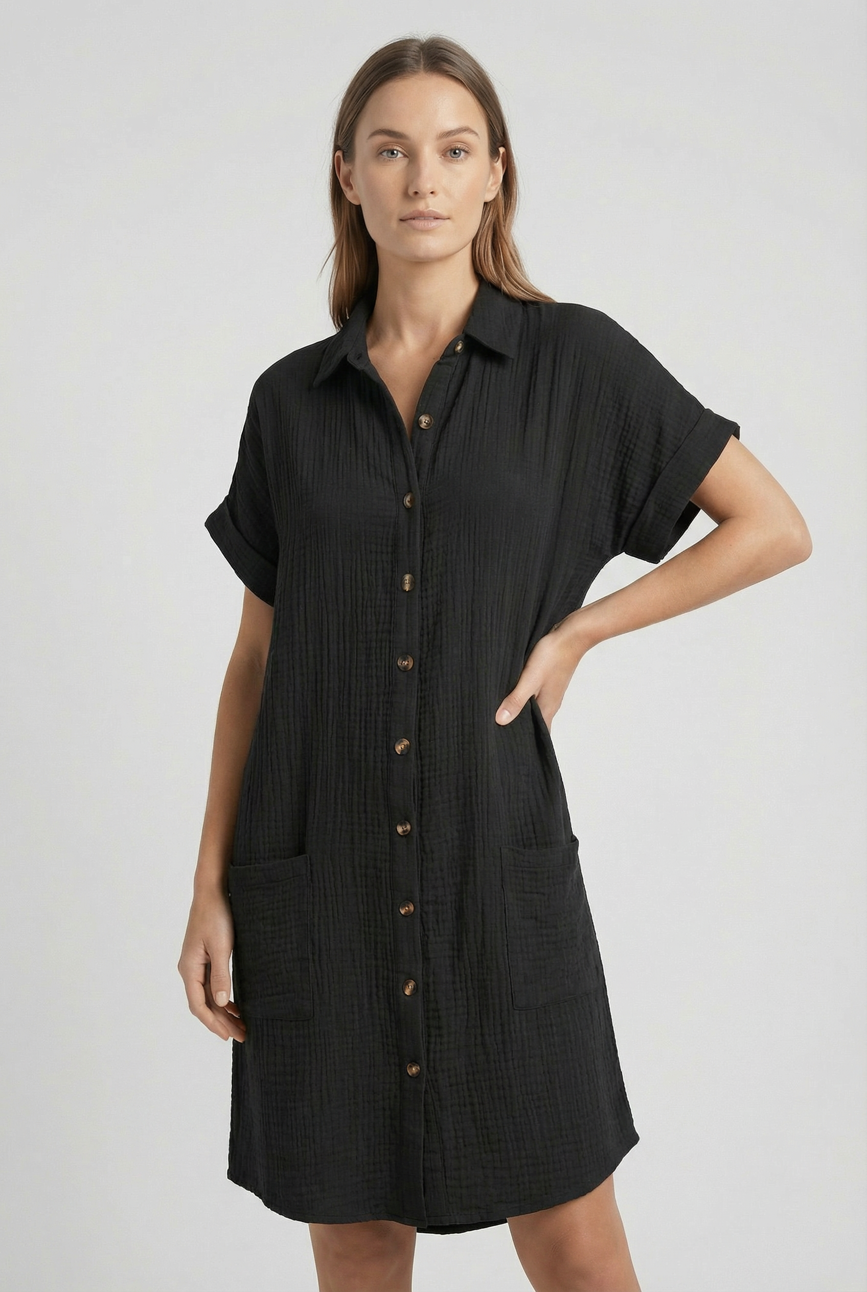 Vestido Mujer Algodón Tipo Polo Con Bolsillos Diseño Casual Primavera Verano 2