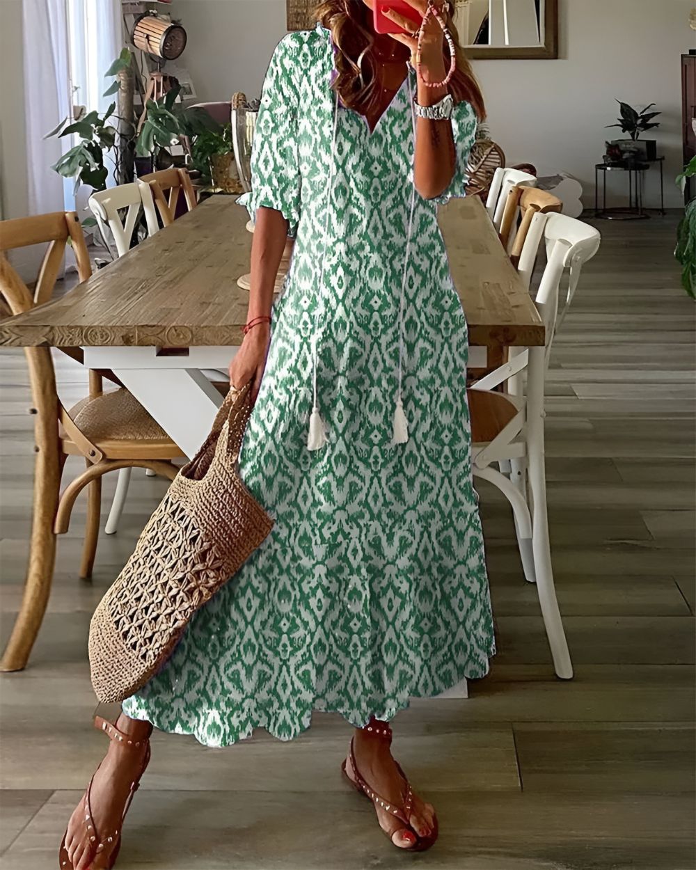 Vestido Mujer Boho Tela Ligera Ajuste Fluido Con Patrones Y Detalles De Borlas 1
