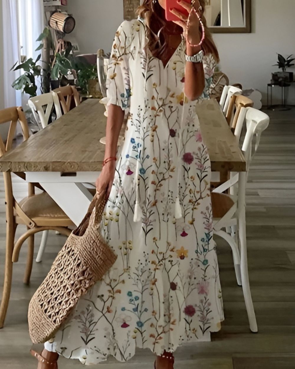Vestido Mujer Boho Tela Ligera Ajuste Fluido Con Patrones Y Detalles De Borlas 6