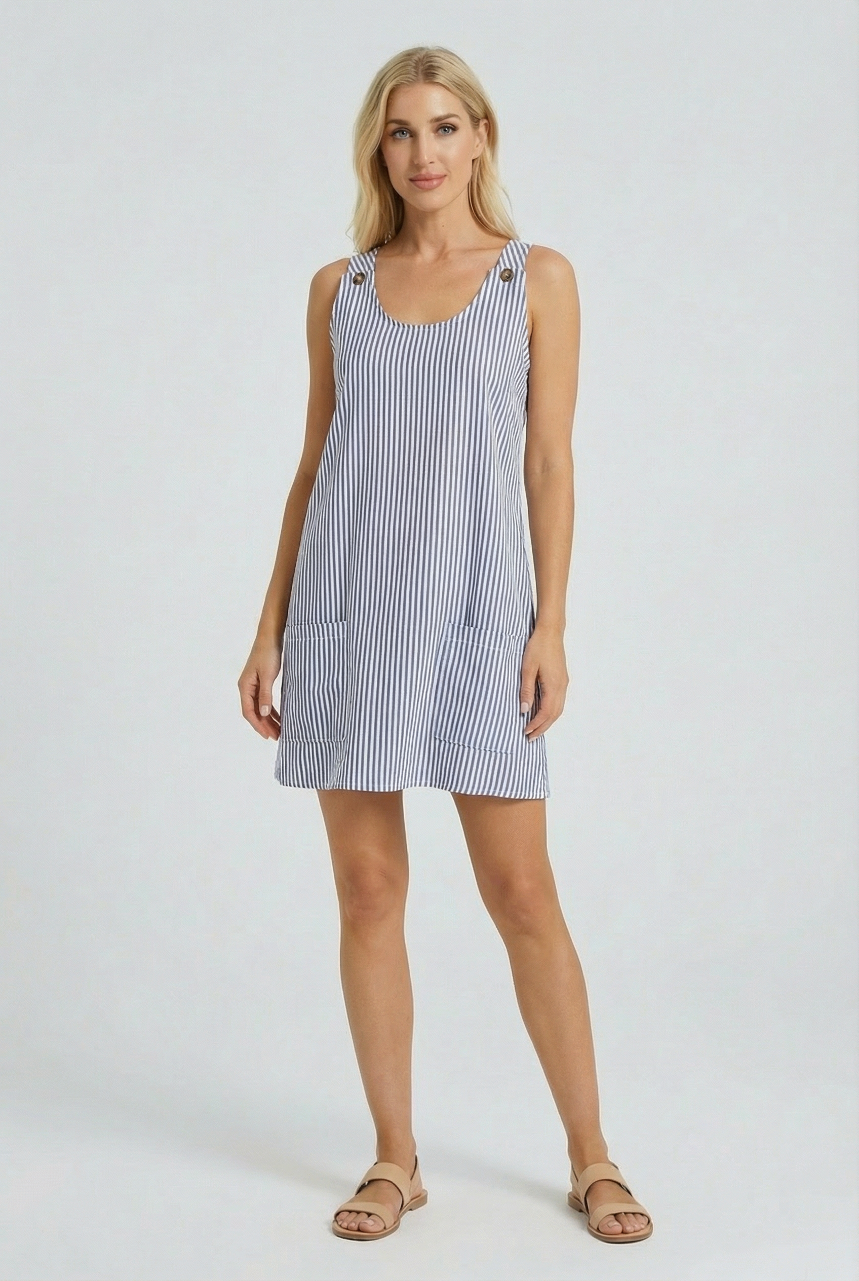 Vestido Mujer Corte A Tela Suave Rayas Verticales Con Bolsillos 0