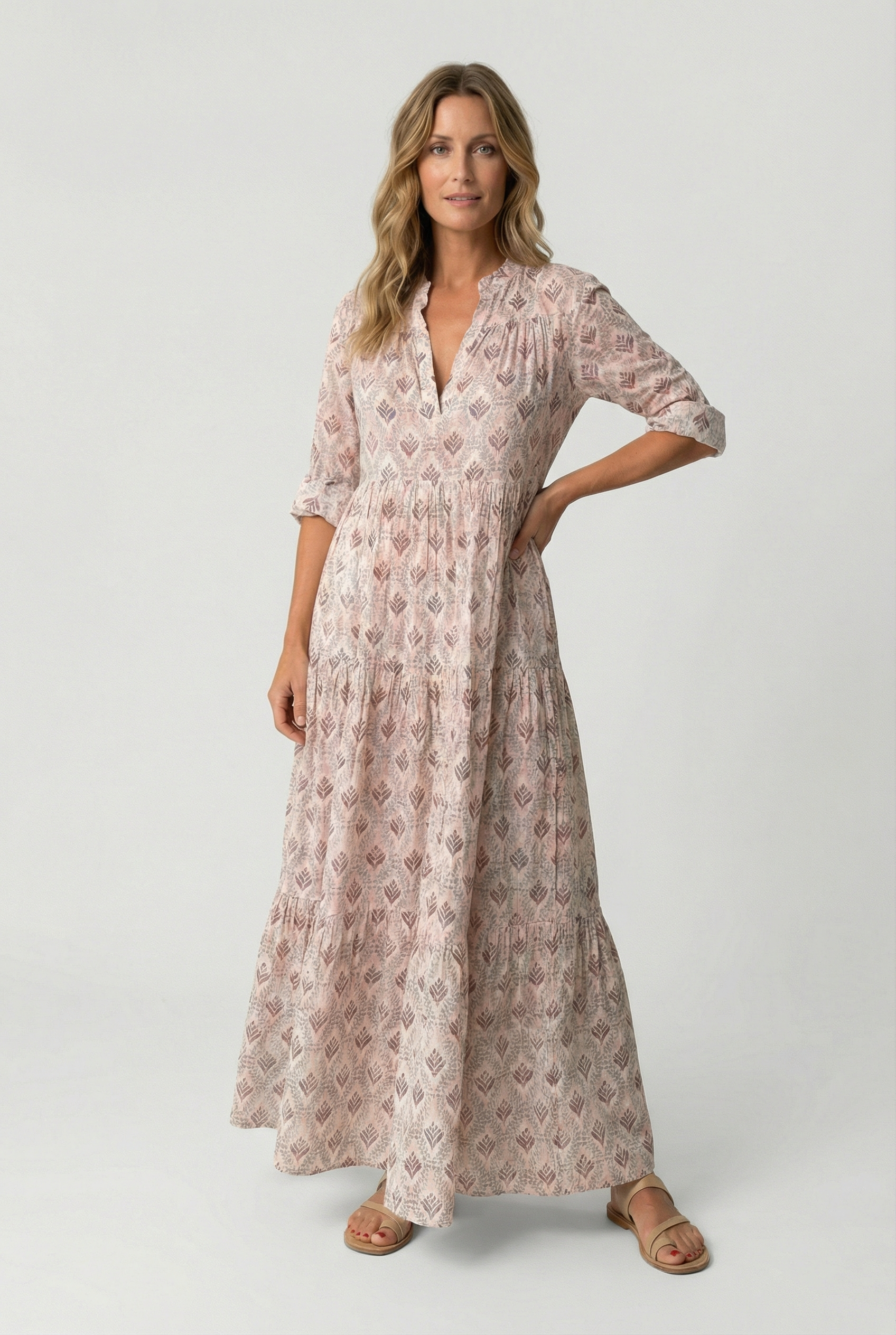 Vestido Mujer Largo Algodón Ligero Cuello en V Estampado Vintage 3/4 Manga Holgada 0
