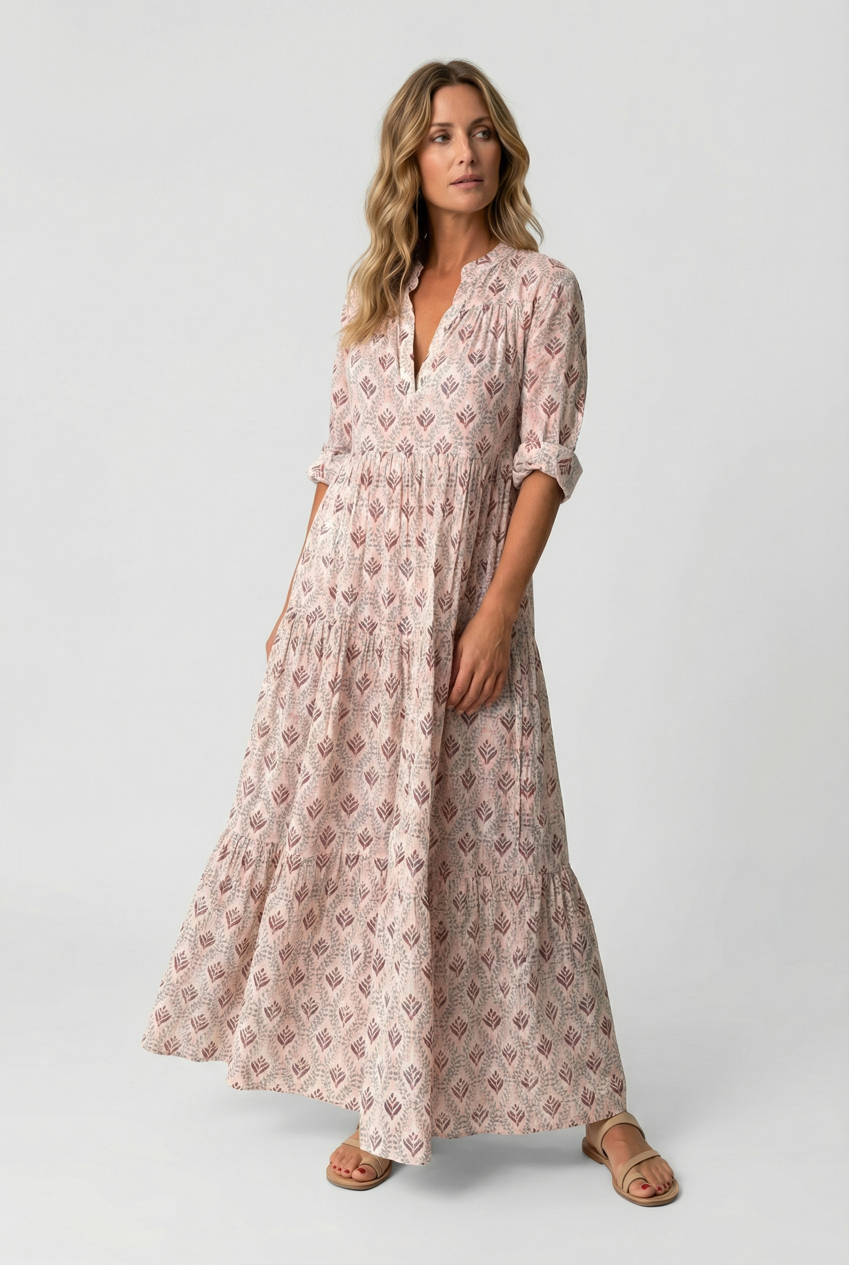 Vestido Mujer Largo Algodón Ligero Cuello en V Estampado Vintage 3/4 Manga Holgada 1