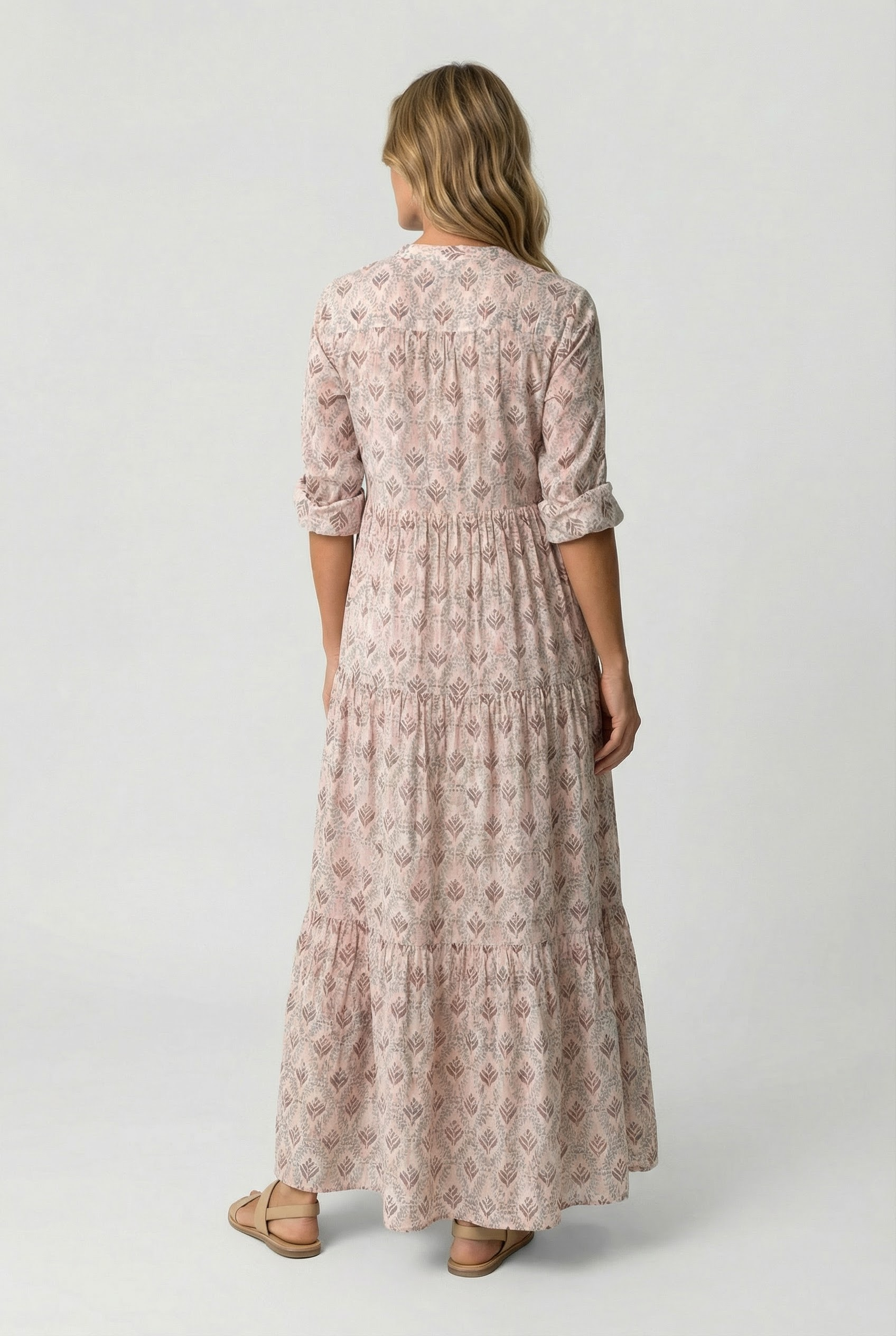 Vestido Mujer Largo Algodón Ligero Cuello en V Estampado Vintage 3/4 Manga Holgada 2