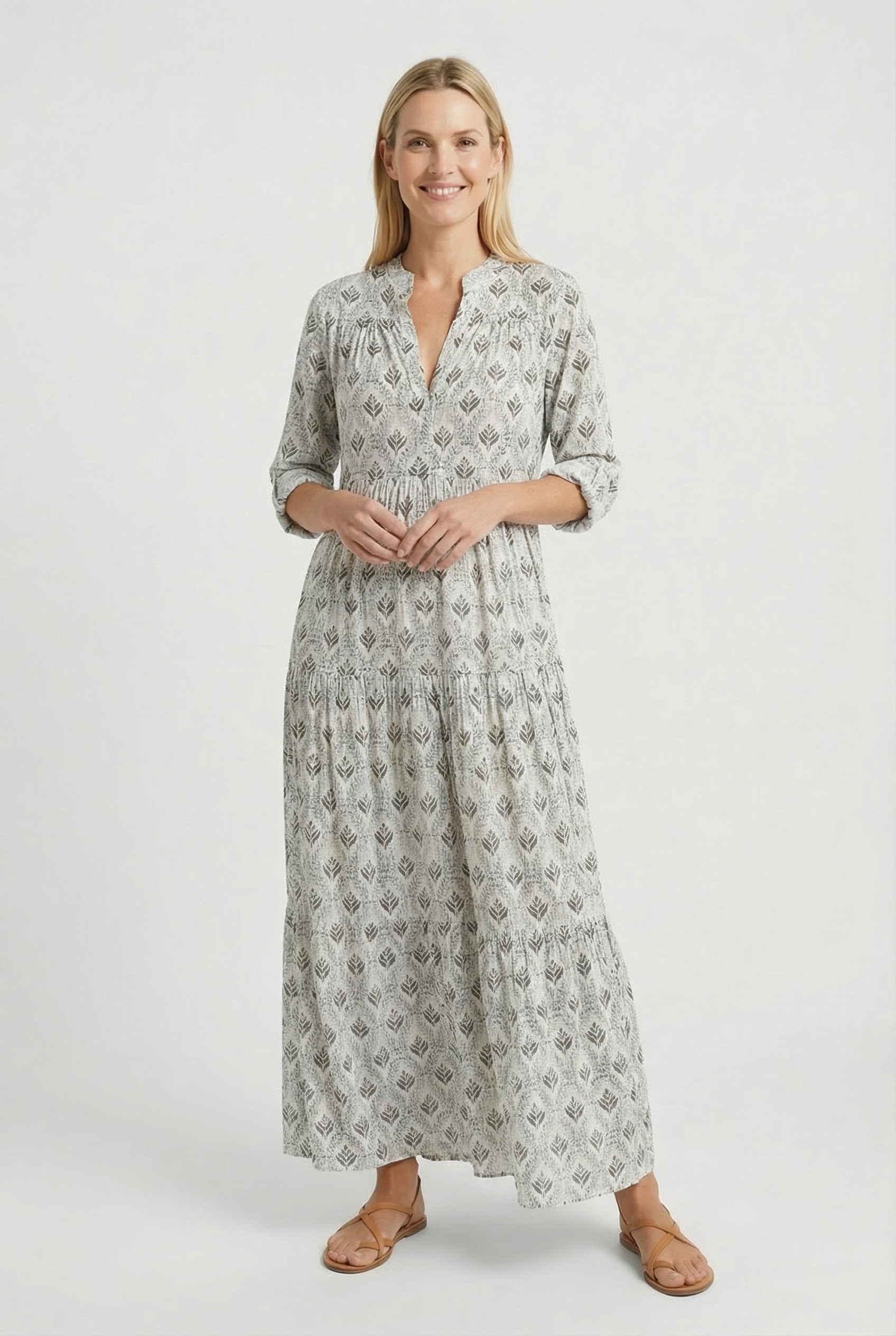 Vestido Mujer Largo Algodón Ligero Cuello en V Estampado Vintage 3/4 Manga Holgada 6