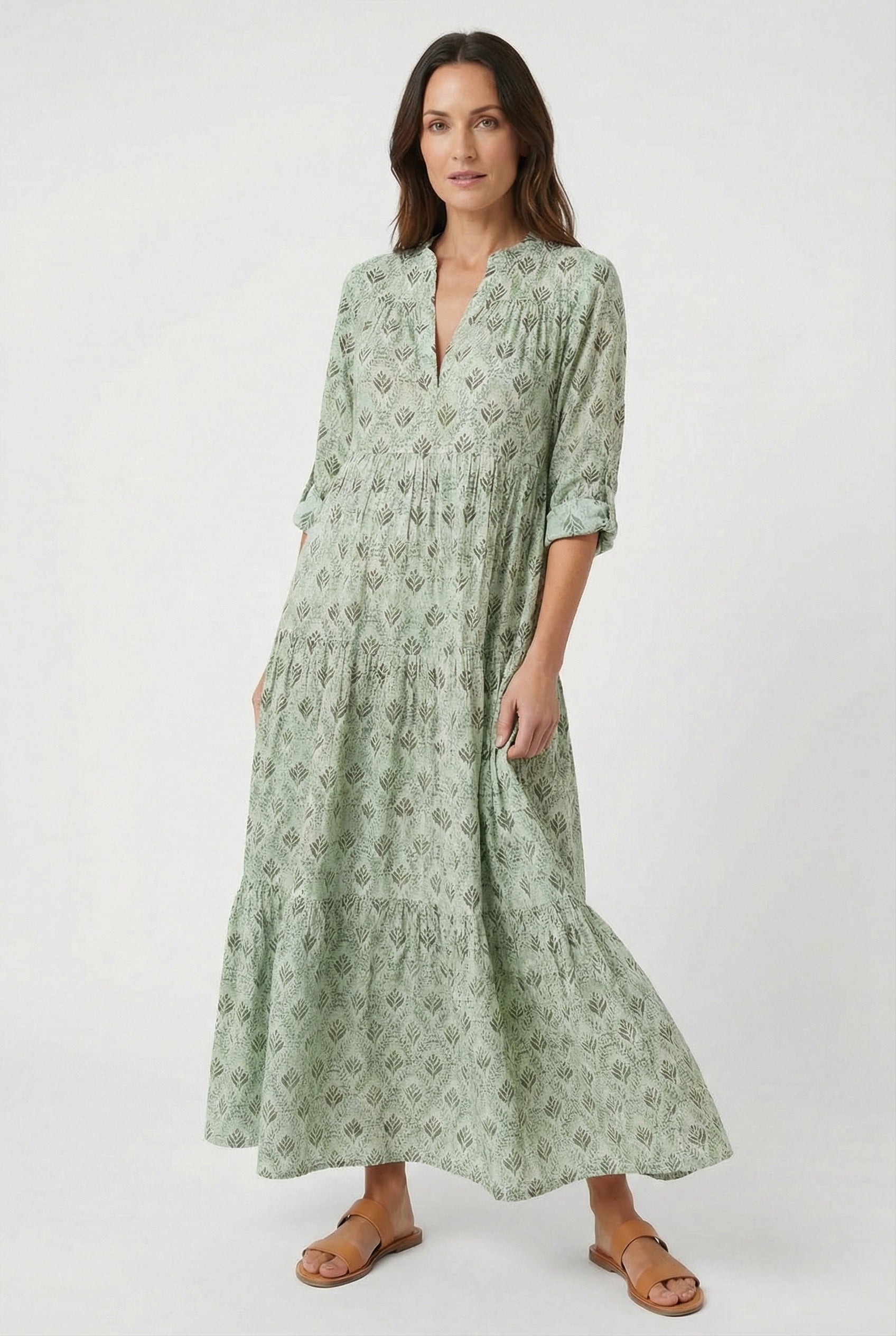 Vestido Mujer Largo Algodón Ligero Cuello en V Estampado Vintage 3/4 Manga Holgada 8