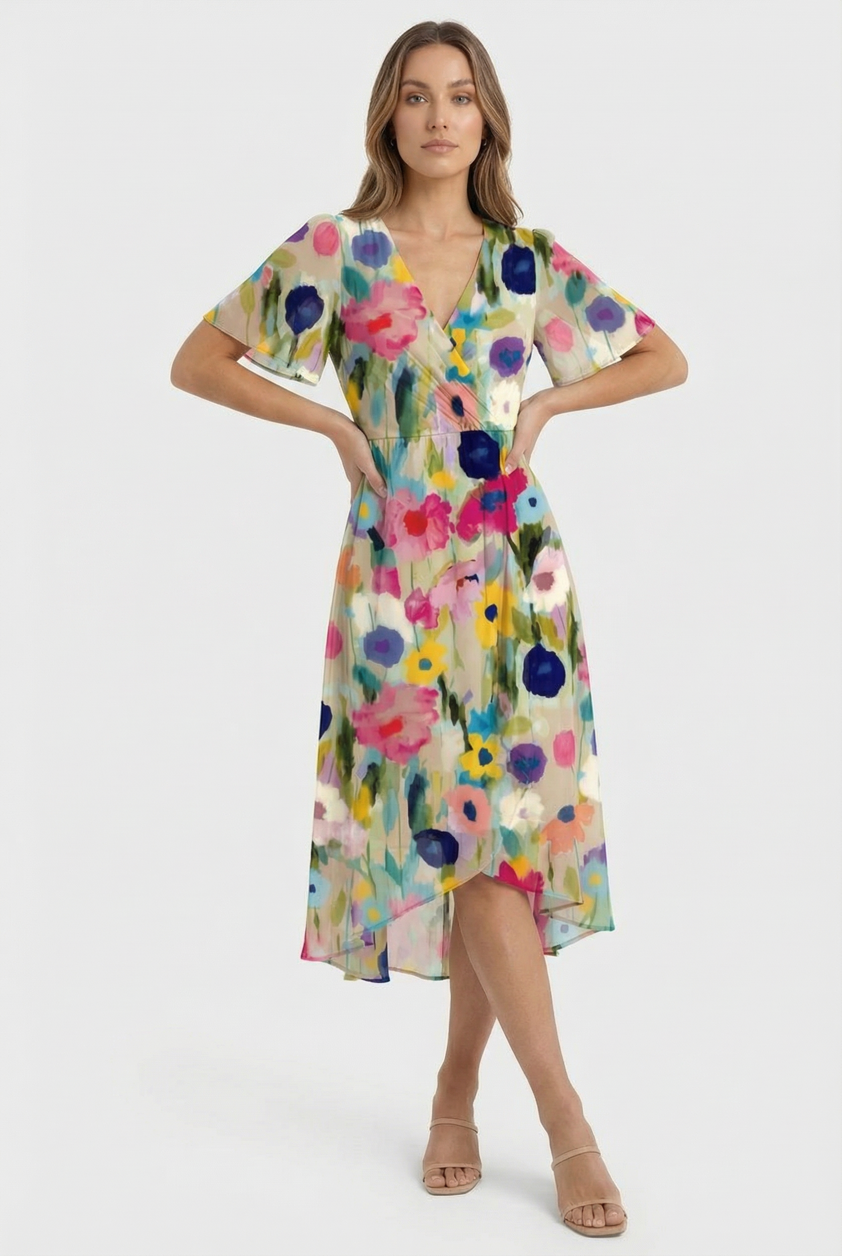 Vestido Mujer Midi Lino Floral Elegante Con Silueta Fluida Para Fiesta 2
