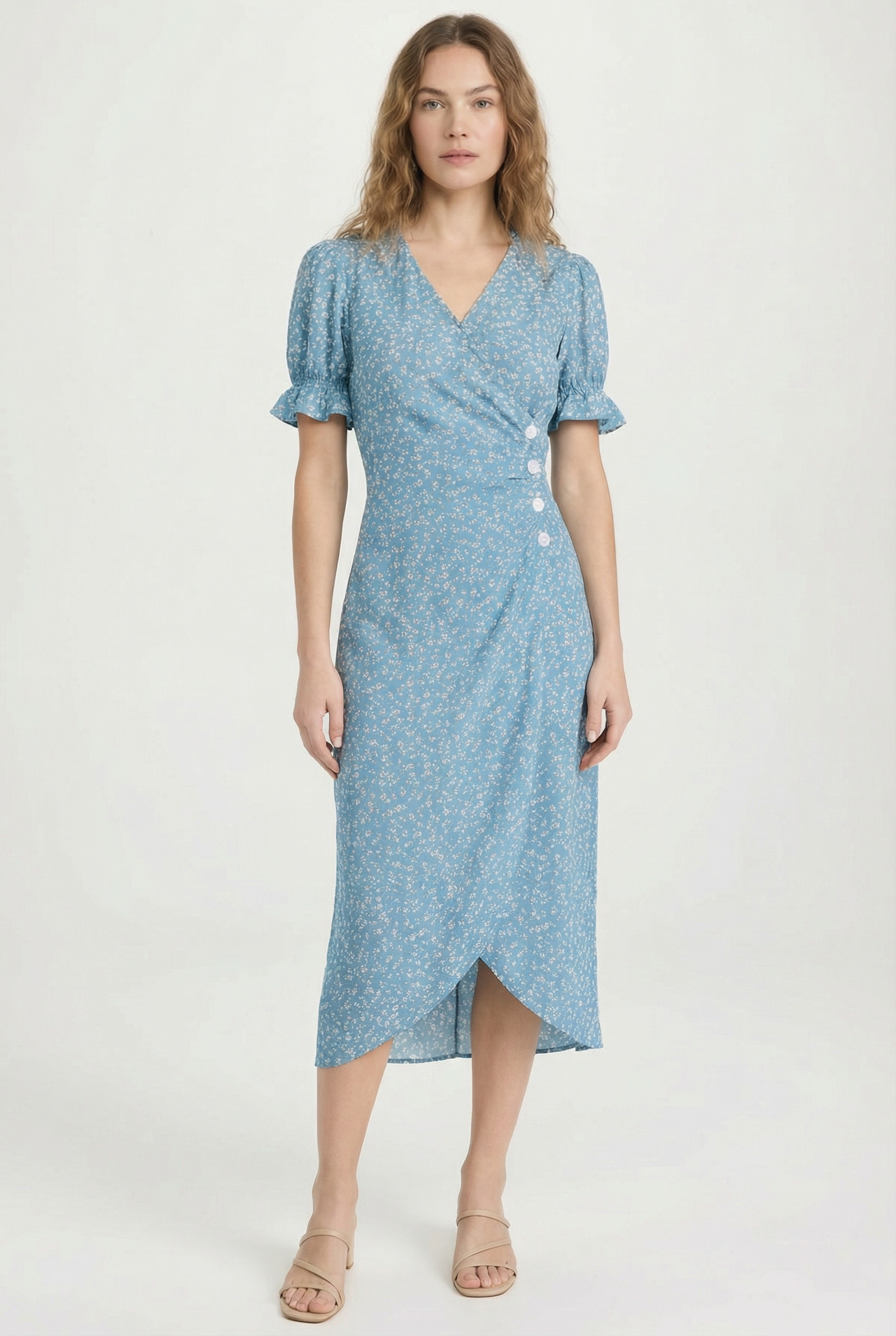 Vestido Mujer Midi Poliéster Floral Escote en V y Mangas Onduladas 0
