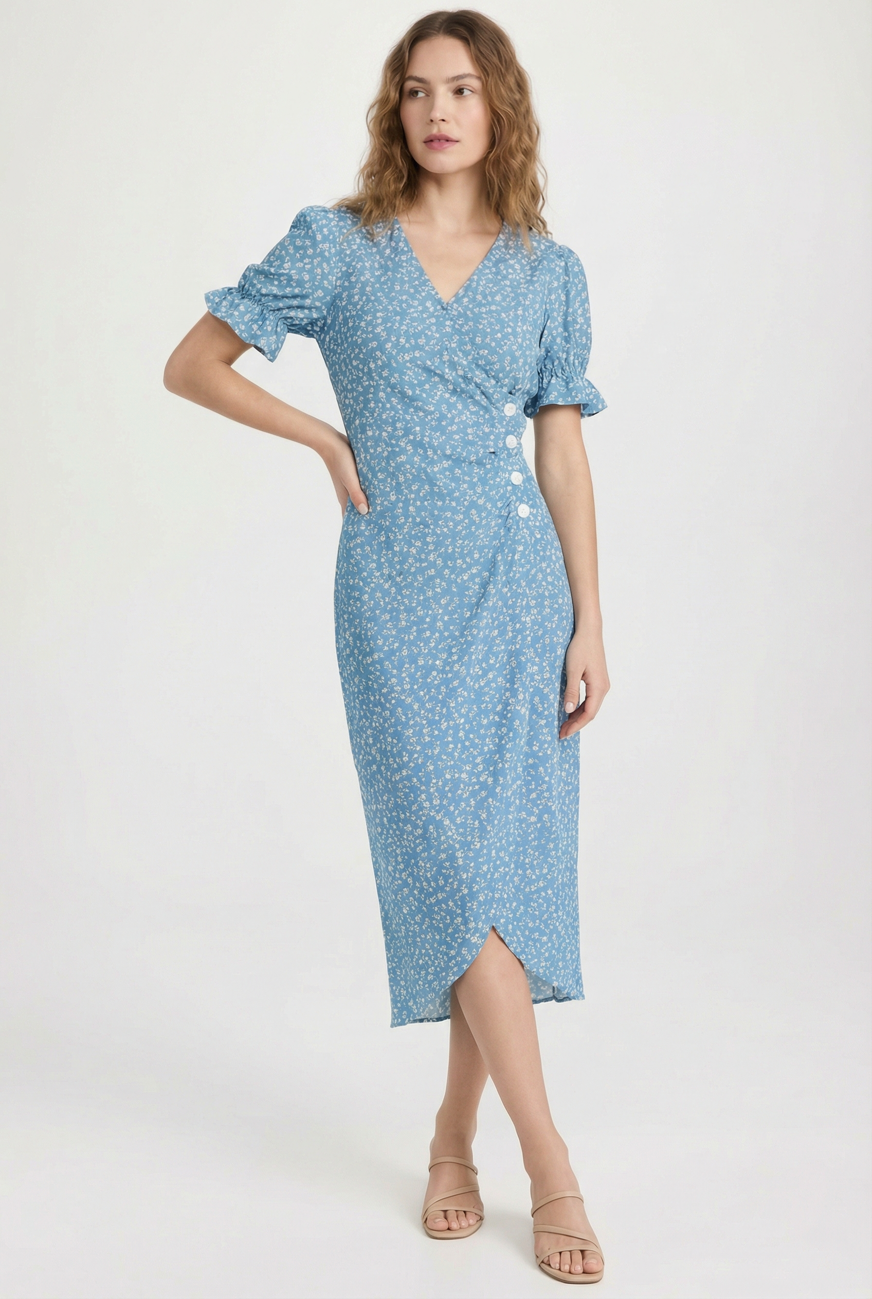 Vestido Mujer Midi Poliéster Floral Escote en V y Mangas Onduladas 1