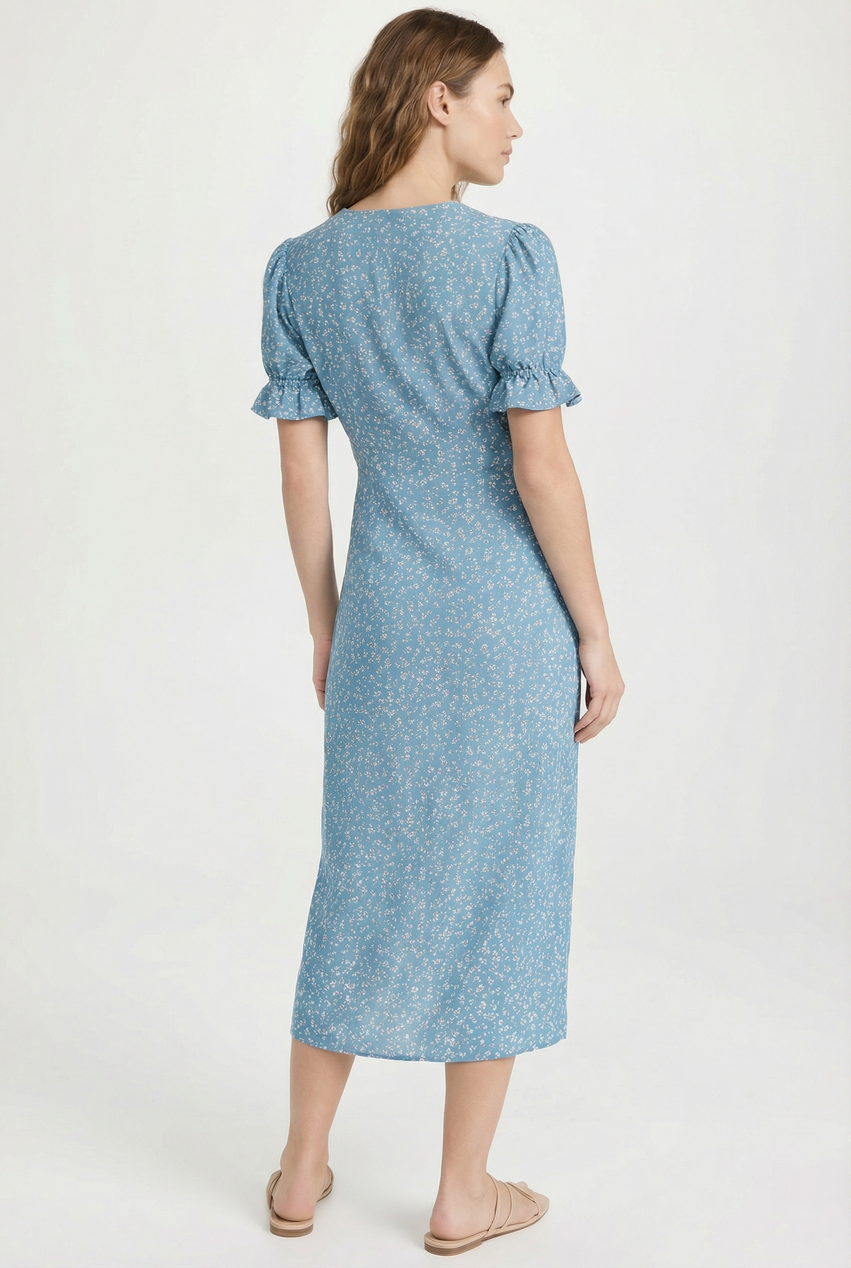 Vestido Mujer Midi Poliéster Floral Escote en V y Mangas Onduladas 2